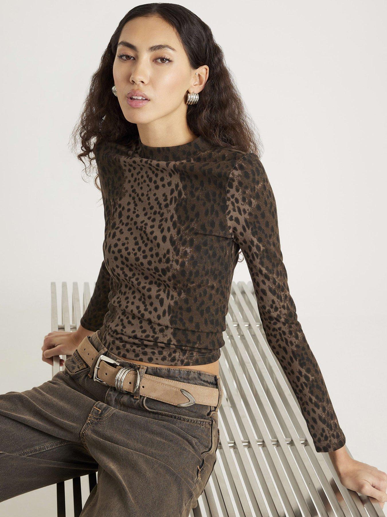 river-island-long-sleeve-ribbed-crew-neck-animal-top-brown