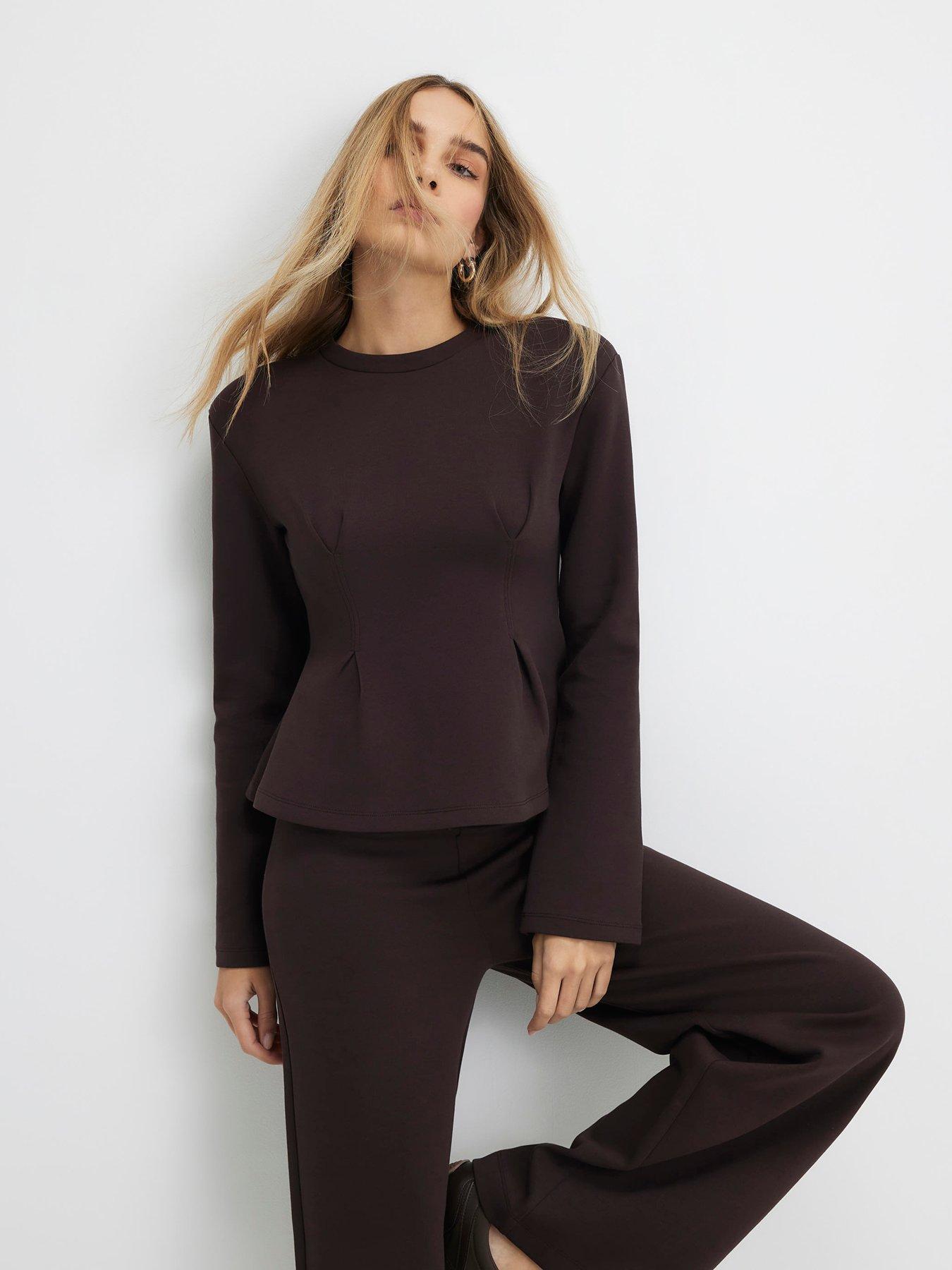 Image 1 of 6 of River Island Long Sleeve Corset Detail Top - Brown