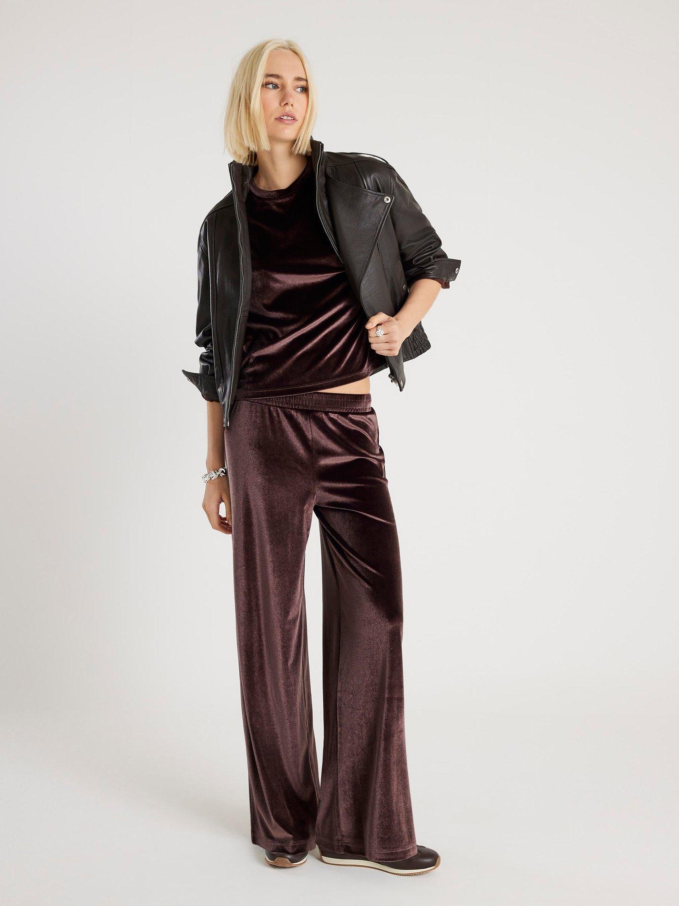 River Island Velvet Wide Leg Joggers - Brown