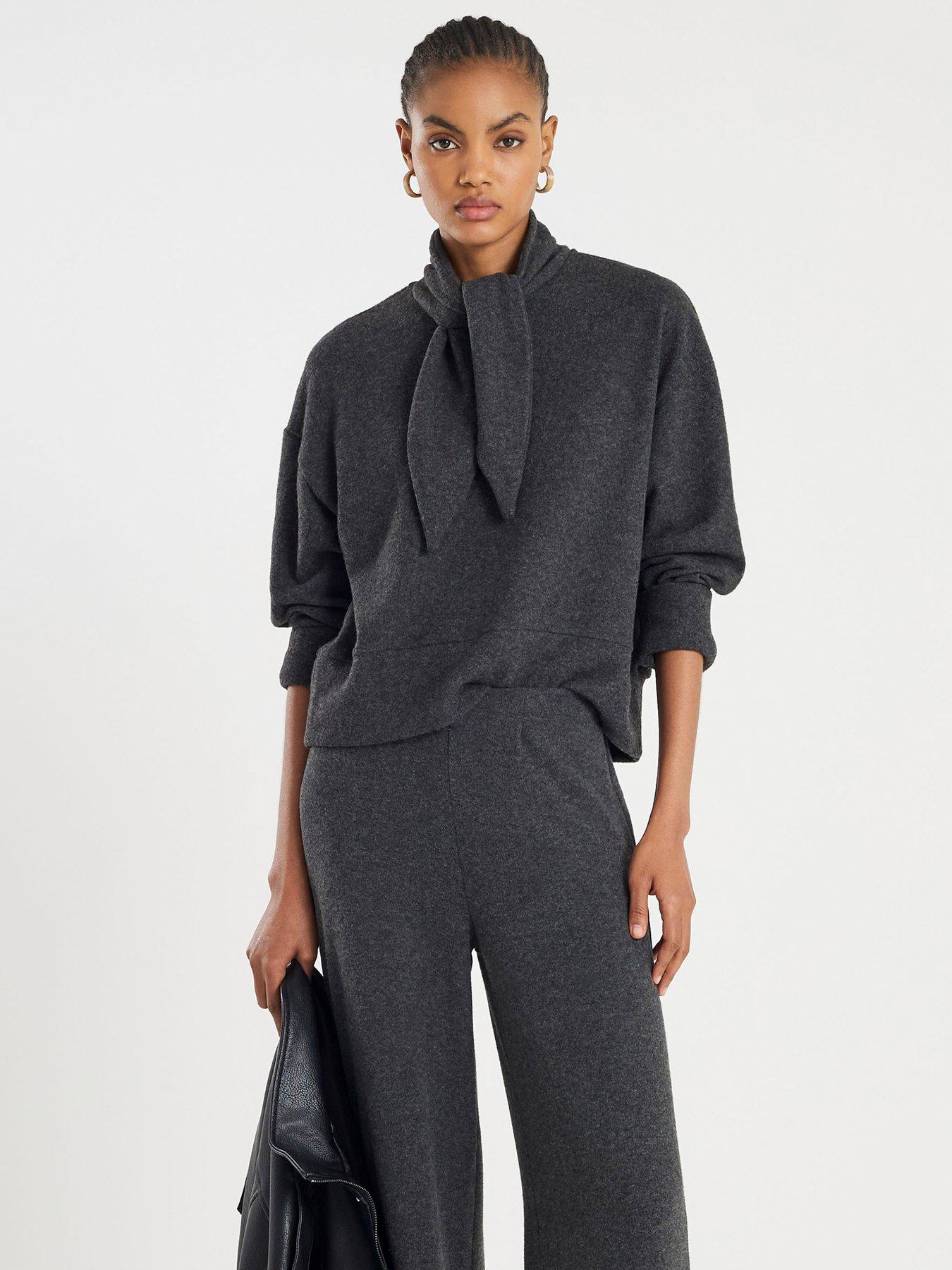 River Island Long Sleeve Scarf Tie Neck Cosy Top - Grey