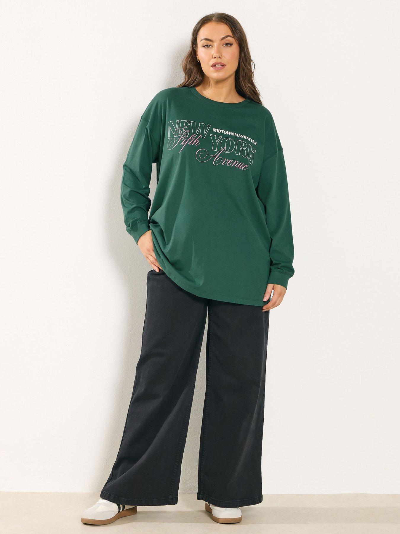 Image 3 of 4 of Yours Curve Long Sleeve New York T-Shirt - Green
