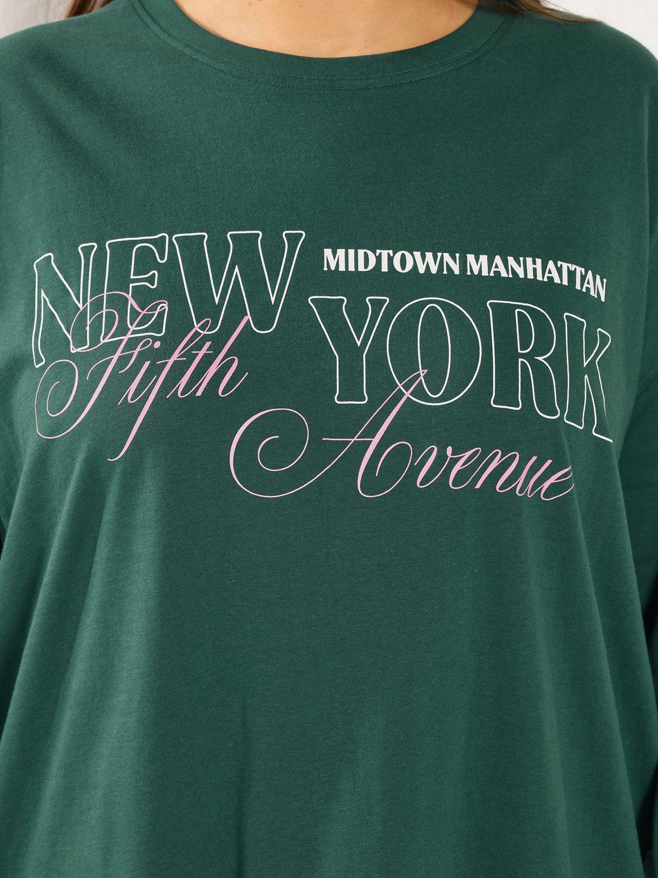 Image 4 of 4 of Yours Curve Long Sleeve New York T-Shirt - Green