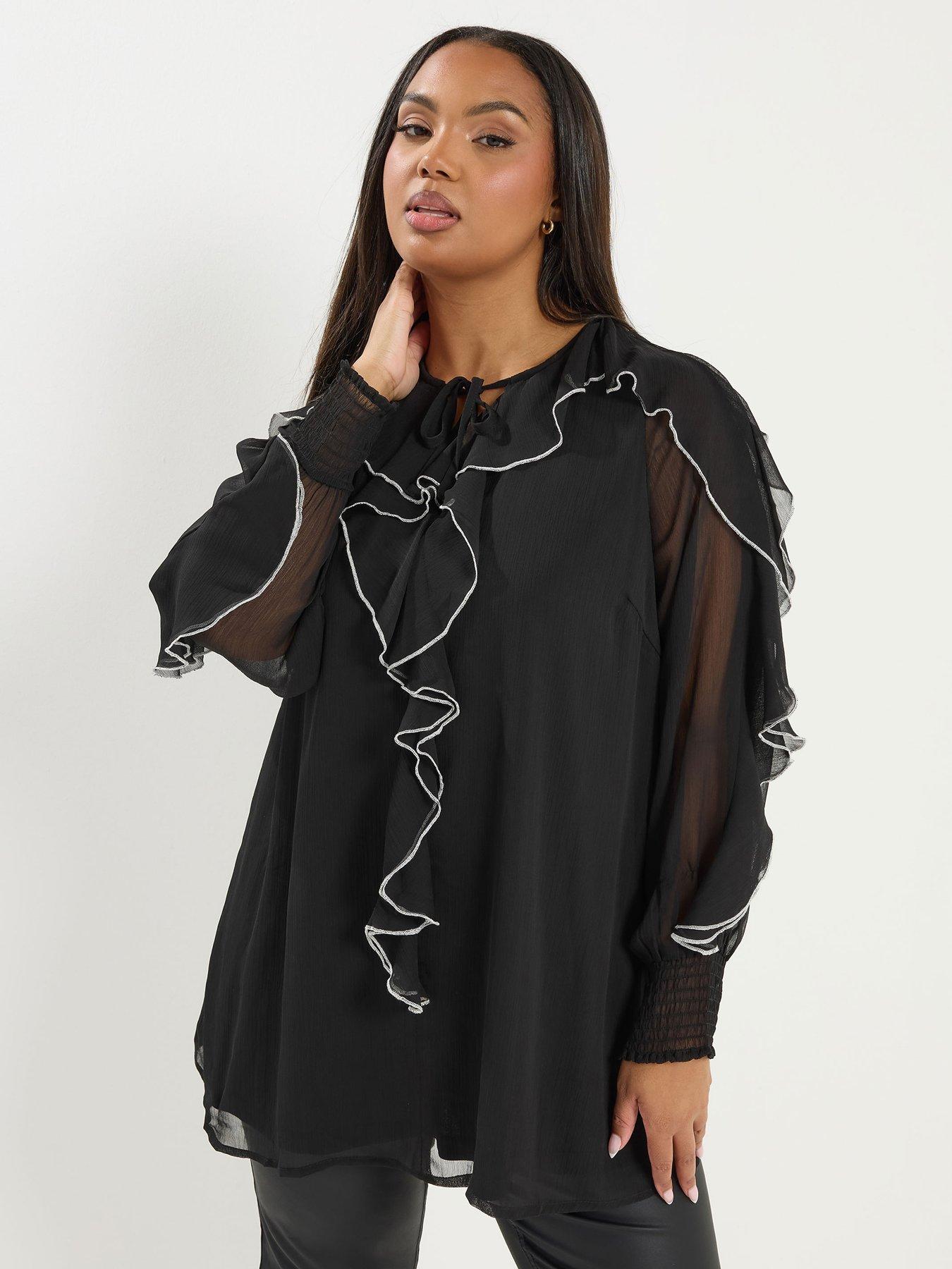 yours-curve-contrast-ruffle-blouse-black