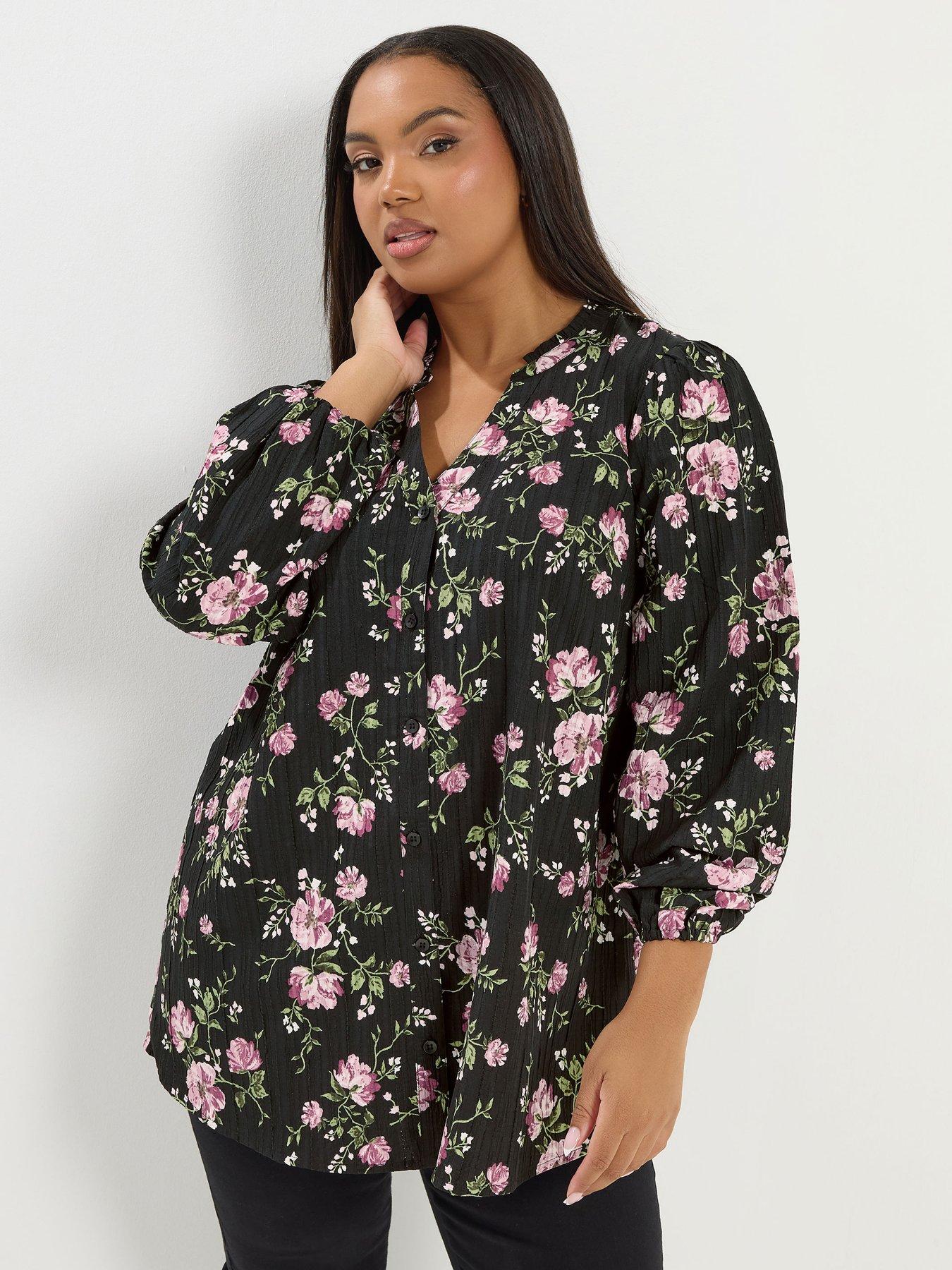 Yours Curve Textured Notch Neck Blouse - Black