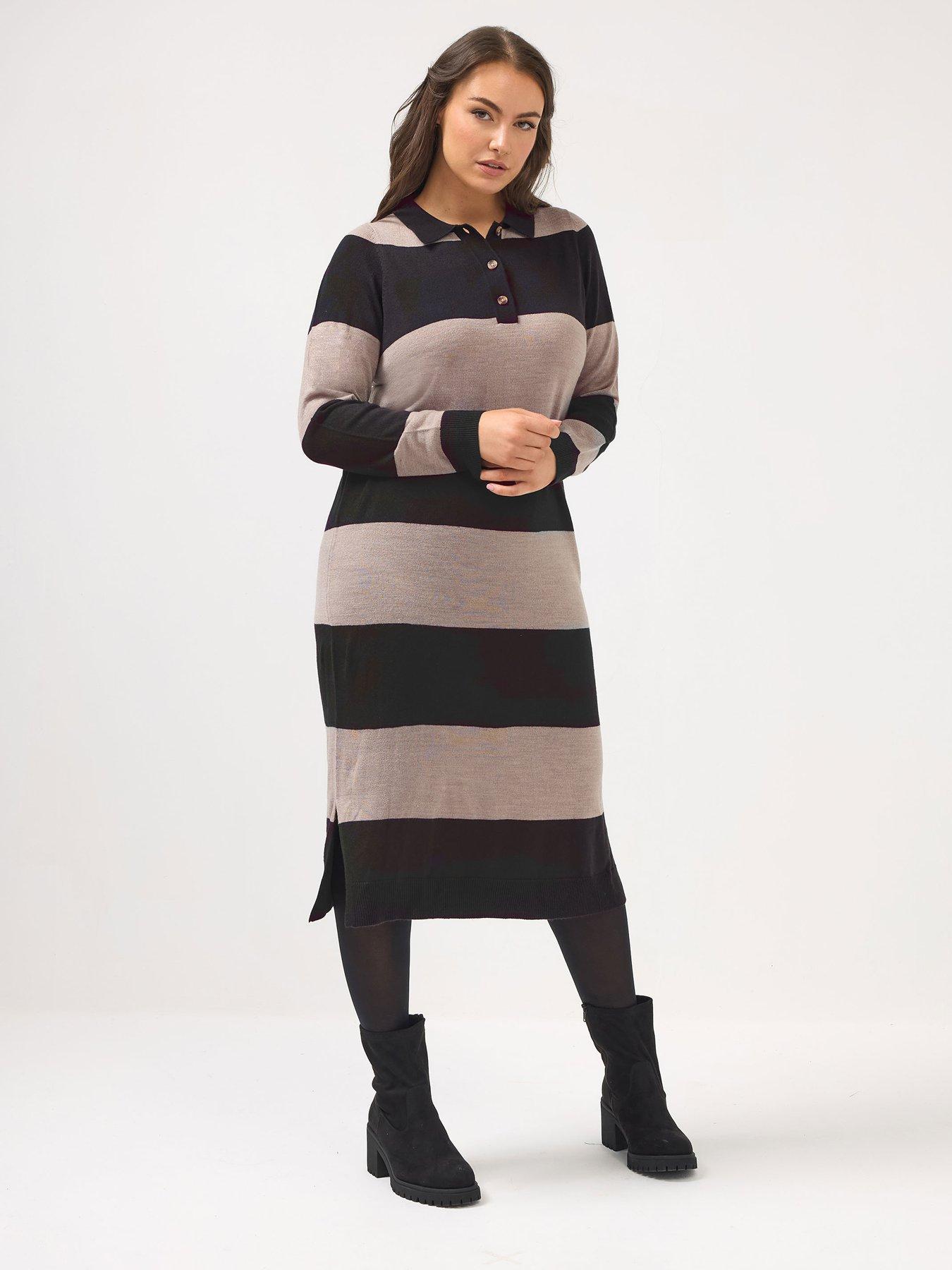 Yours Curve Rugby Collar Stripe Dress - Black