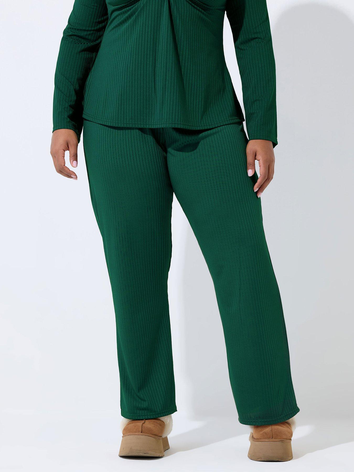 Yours Curve Rib Wide Leg Trouser - Green