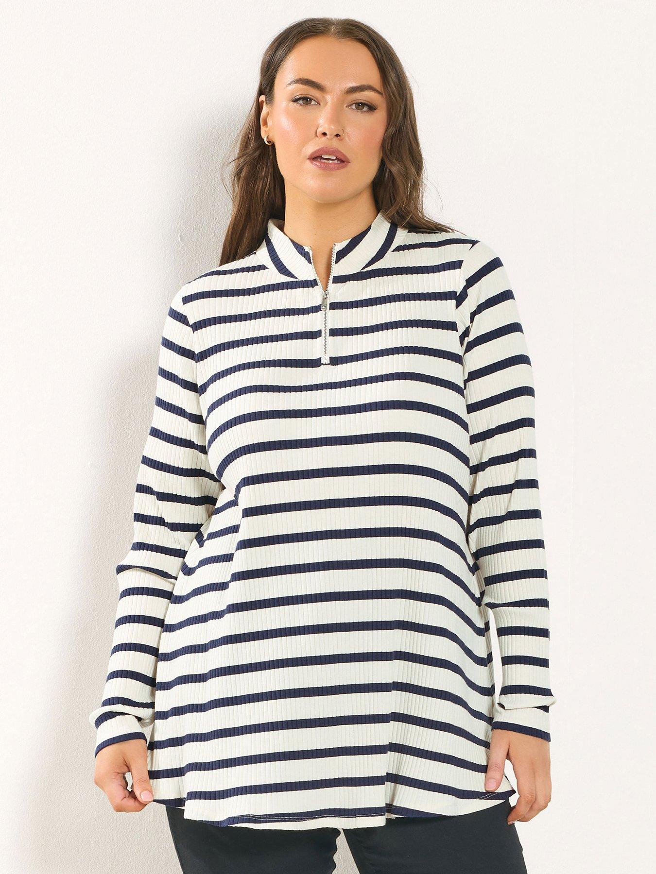Yours Curve Quarter Zip Stripe Top - Ivory