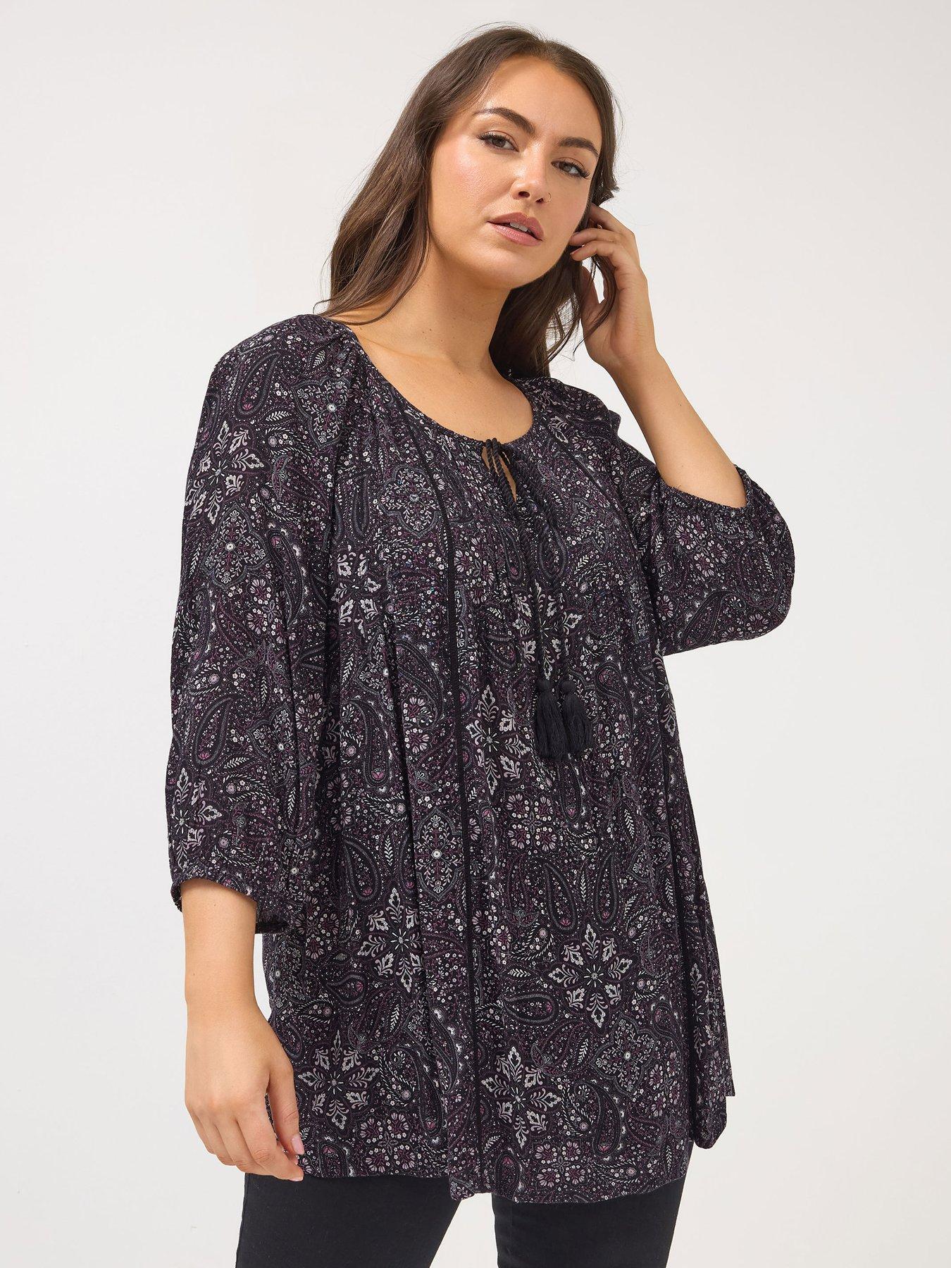 Yours Curve 3/4 Sleeve Tie Front Top - Black