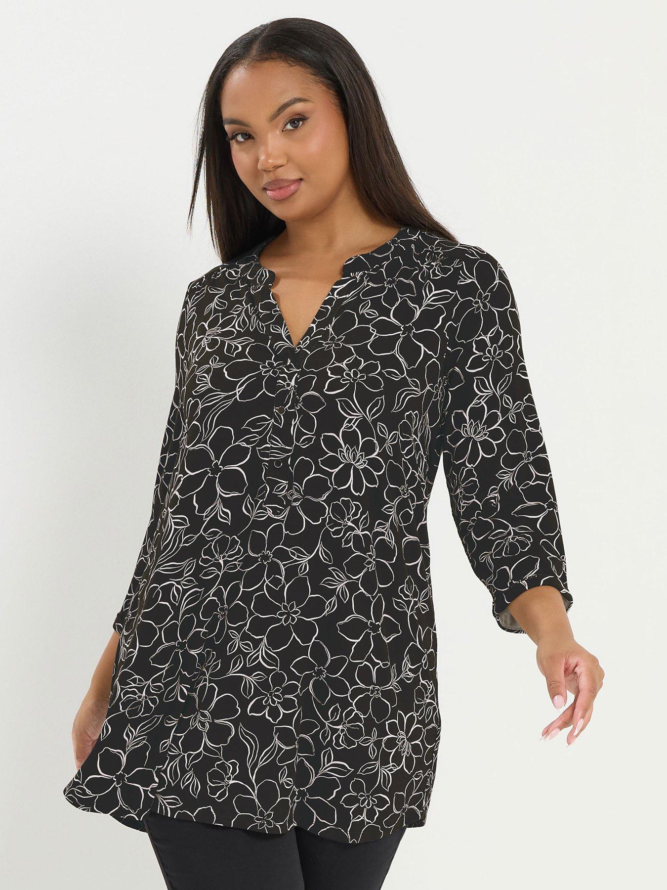 Image 1 of 5 of Yours Curve 3/4 Sleeve Placket Top - Black