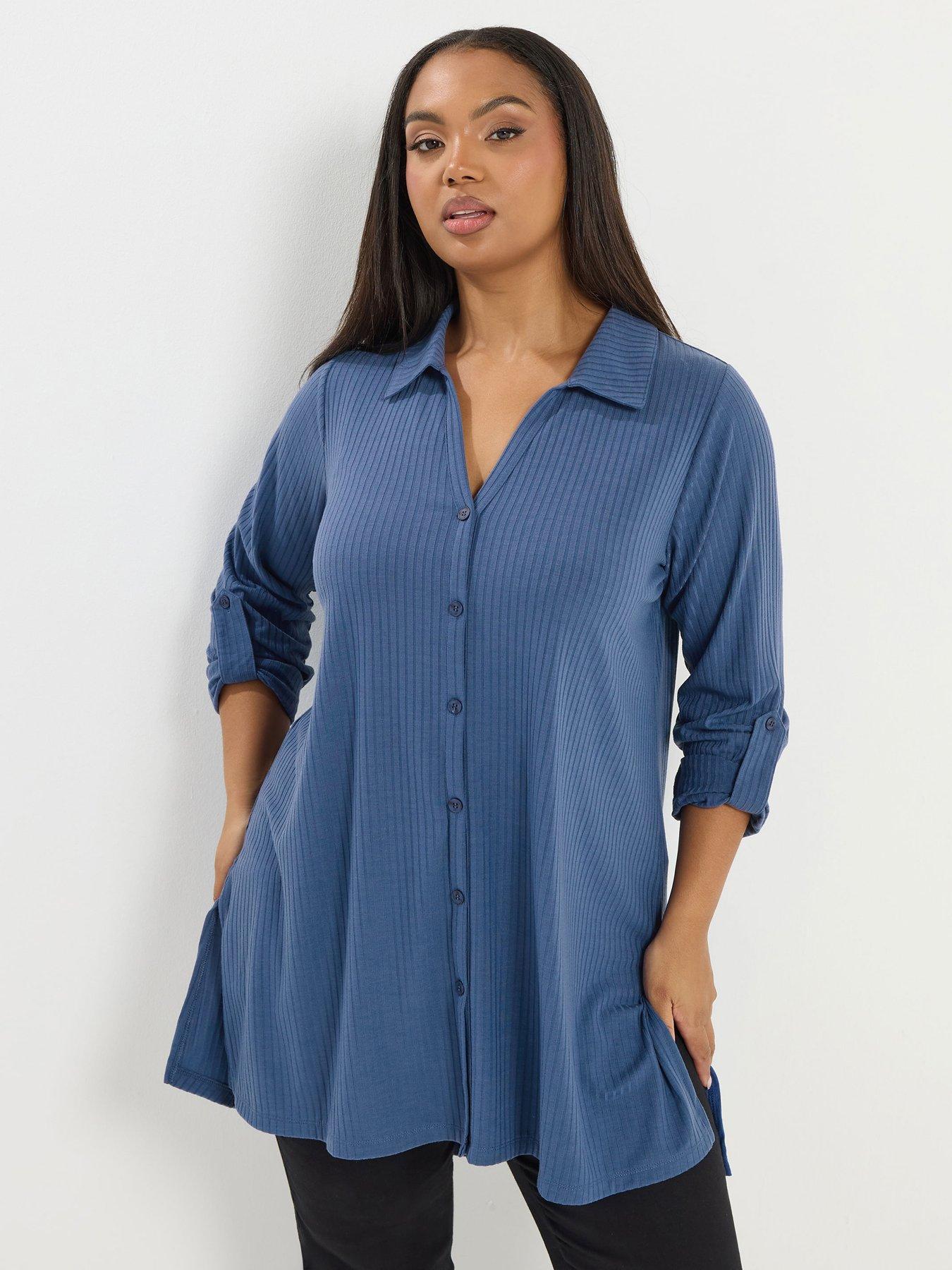 Yours Curve Button Through Ribbed Top - Blue