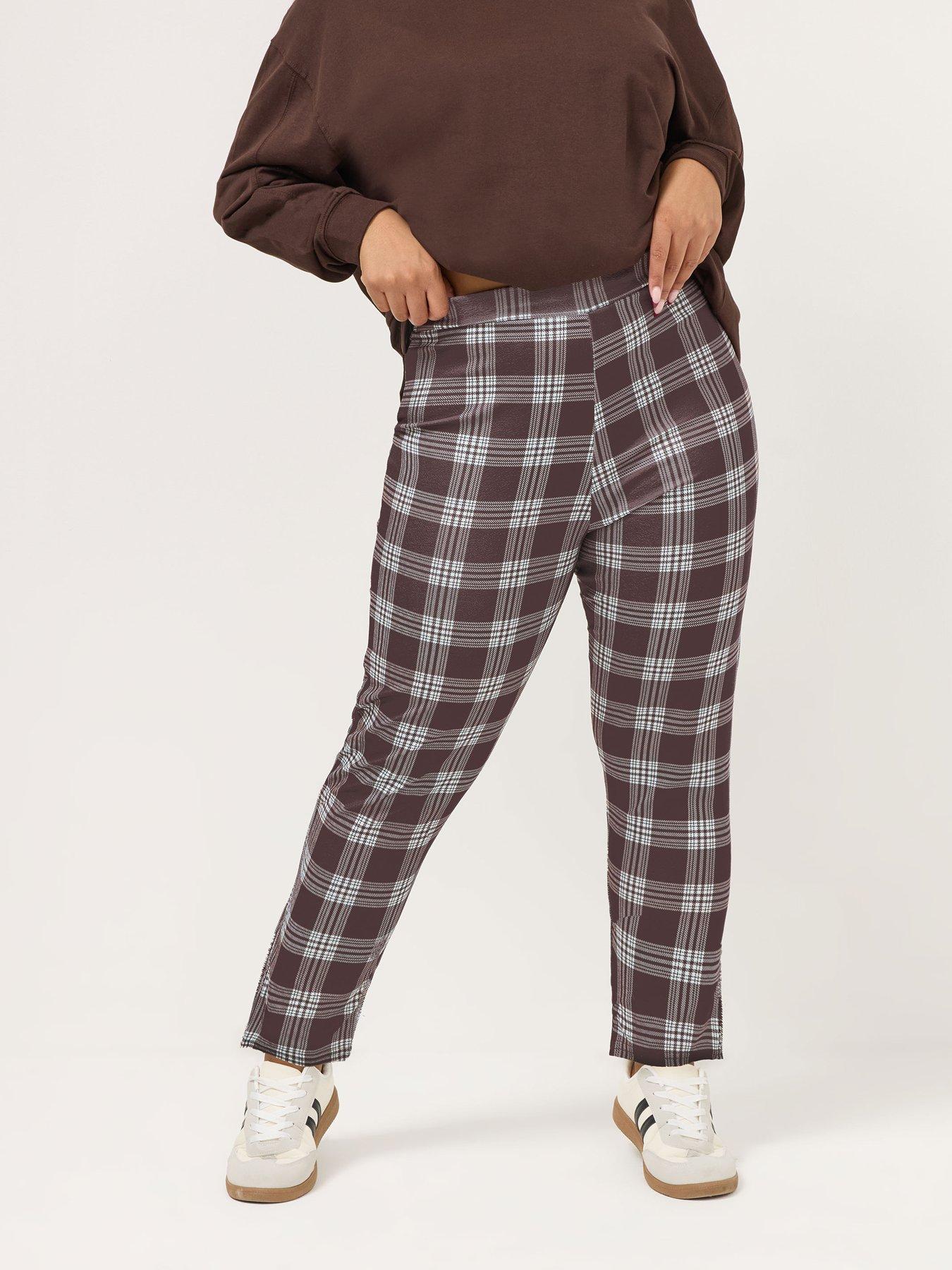 yours-curve-knitted-crepe-check-tapered-trousers-brown