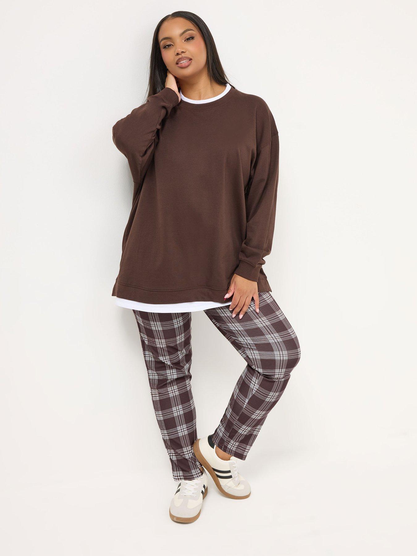 yours-curve-knitted-crepe-check-tapered-trousers-brownback