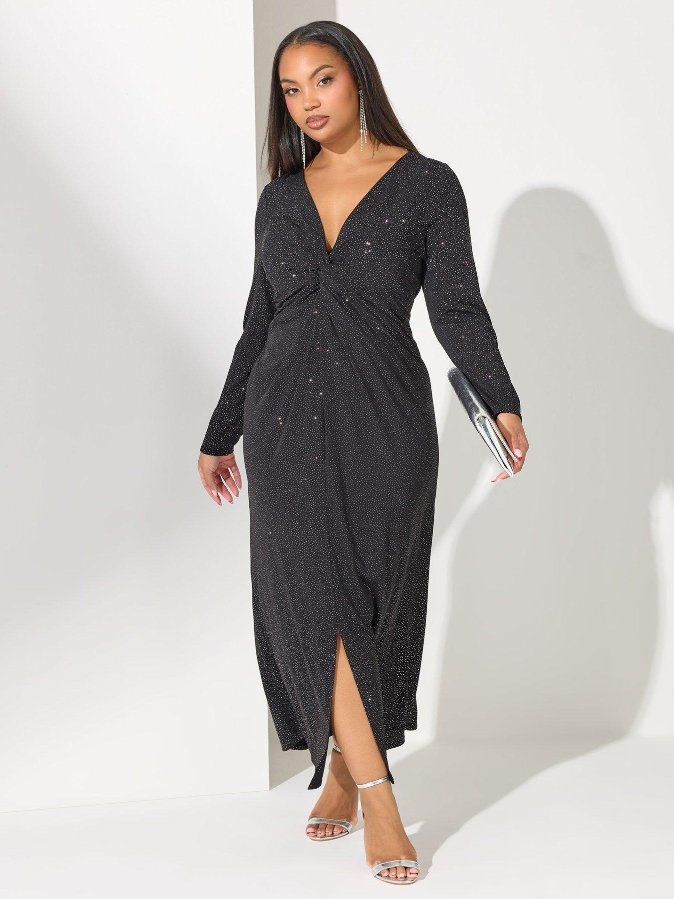 yours-curve-glitter-knot-front-maxi-dress-black