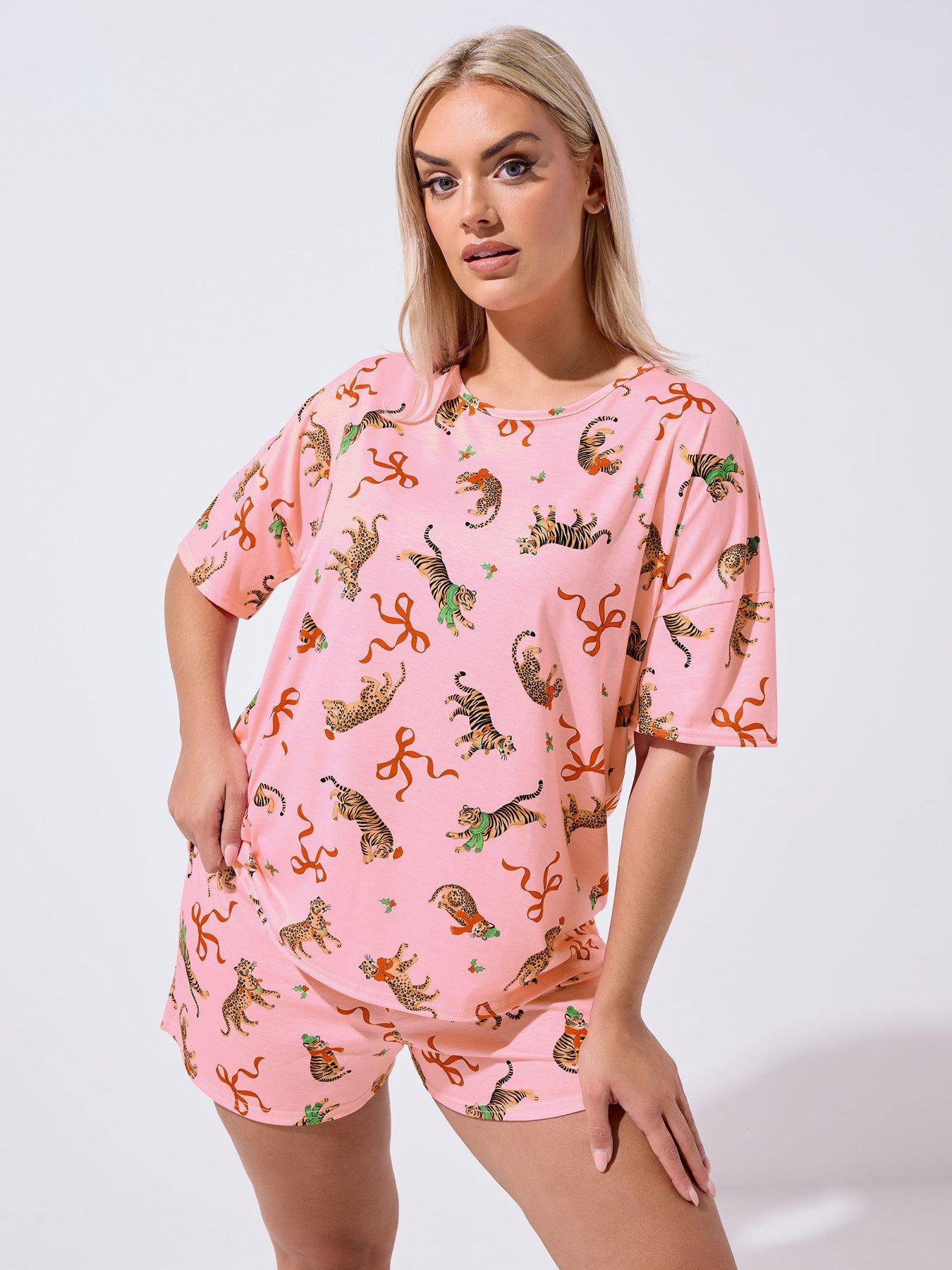 Image 1 of 4 of Yours Curve Tiger Bow Christmas Novelty Pyjama Set - Pink