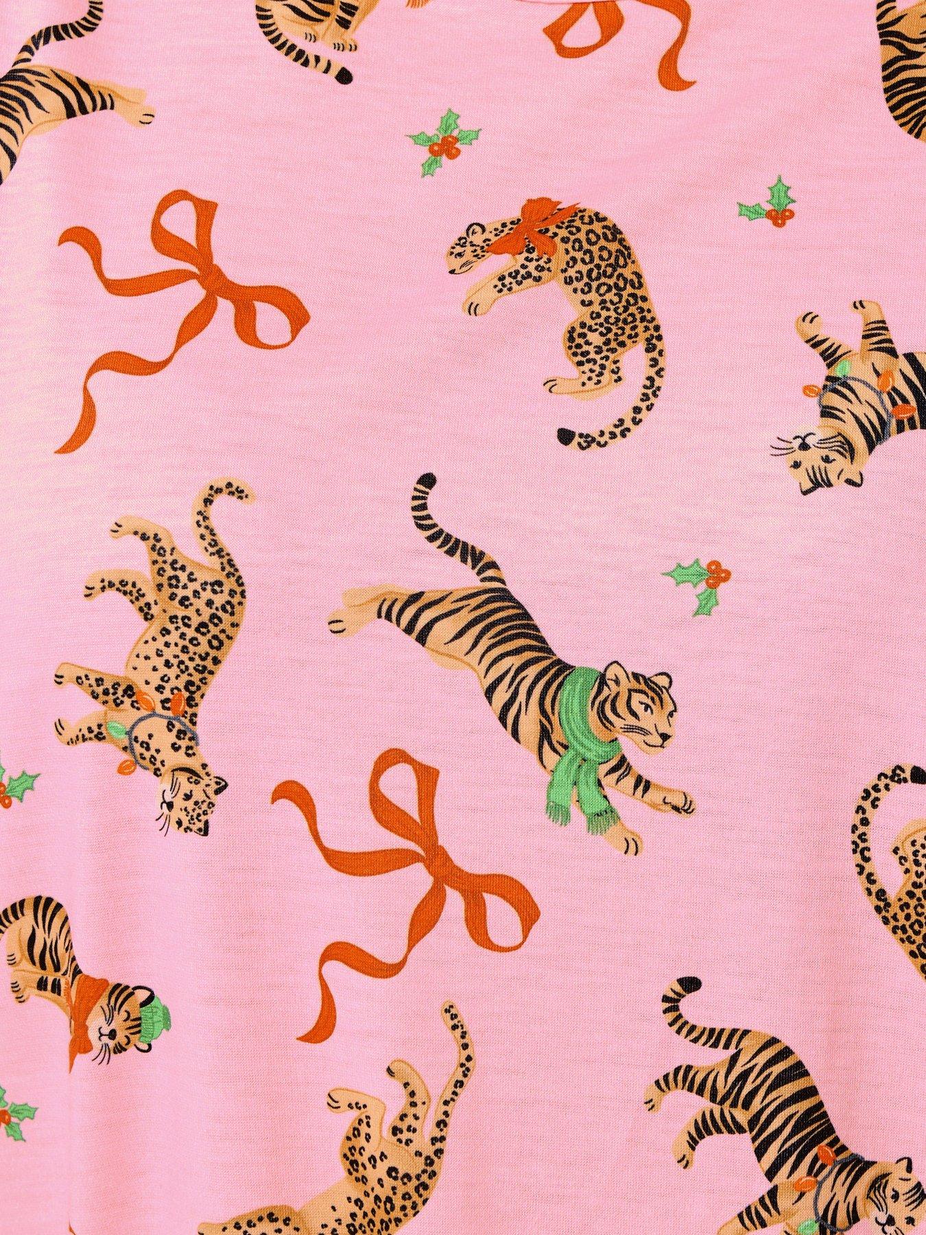 Image 4 of 4 of Yours Curve Tiger Bow Christmas Novelty Pyjama Set - Pink