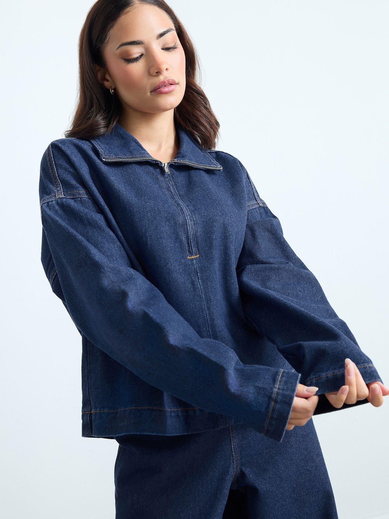 Image 1 of 6 of PixieGirl Petite Quarter Zip Denim Top