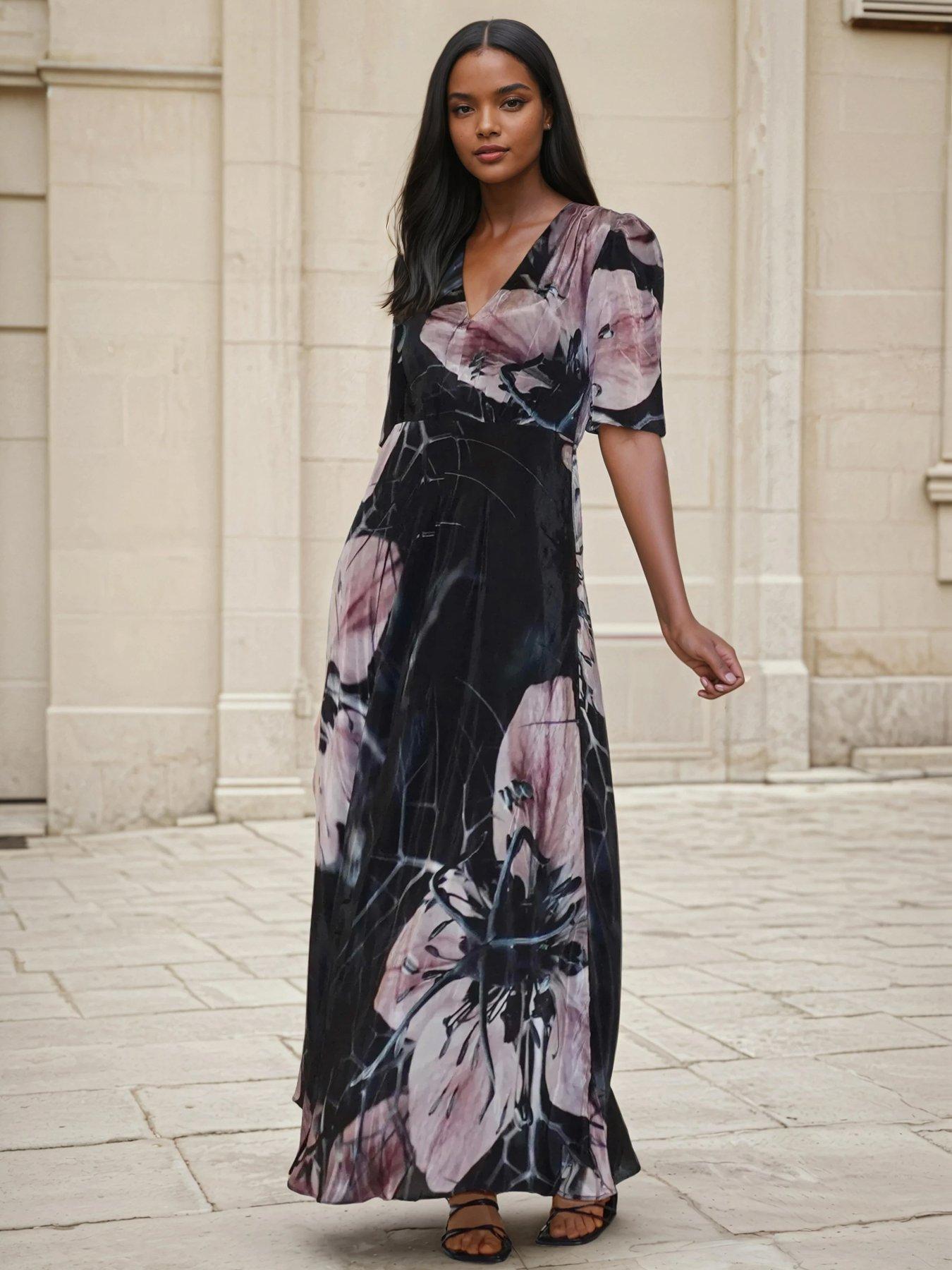 Religion Short Sleeve Florence Maxi Dress In Flattering Fit With Large Dark Floral
