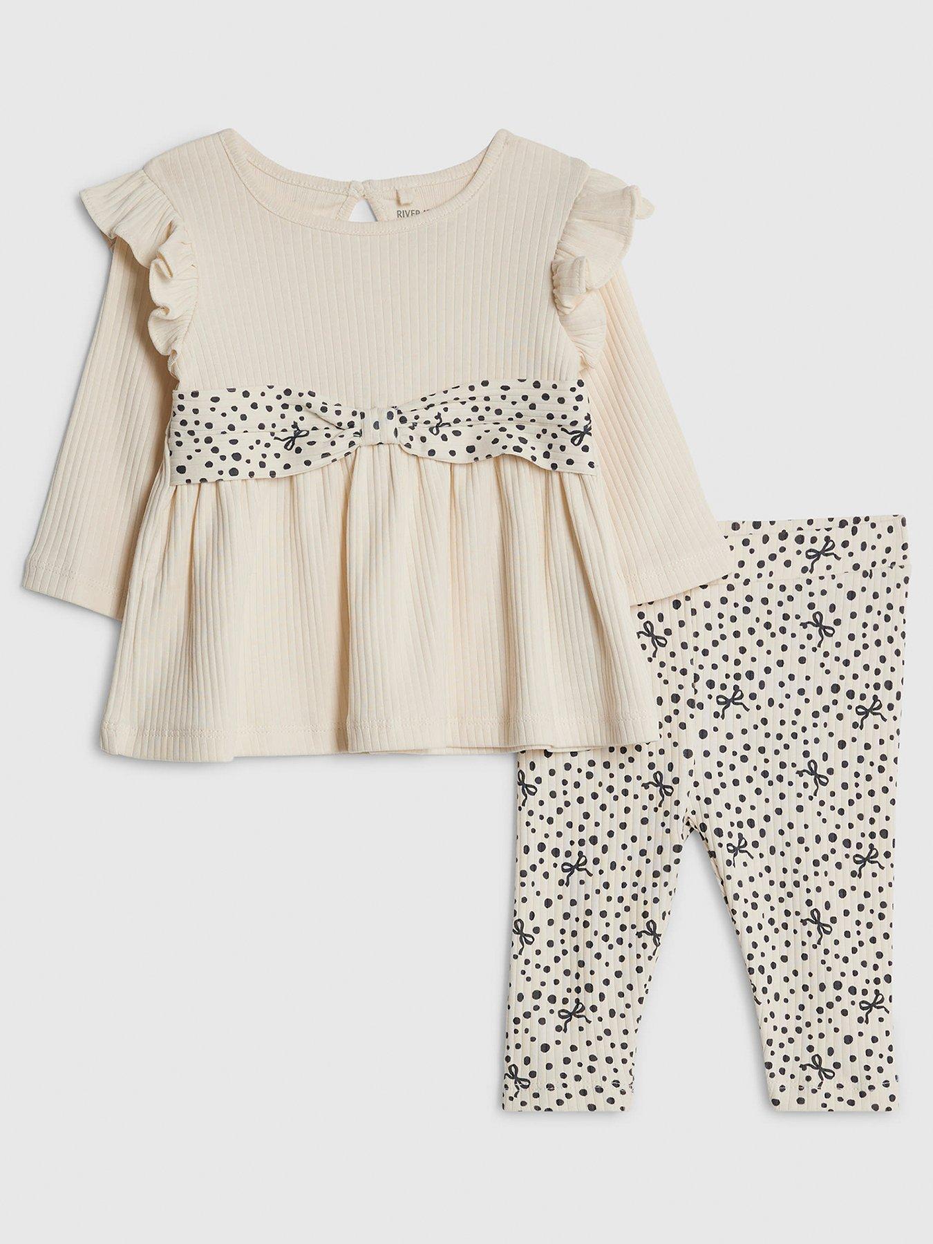 River Island Baby Girls Ribbed Polka Dot Bow Top Set - Cream