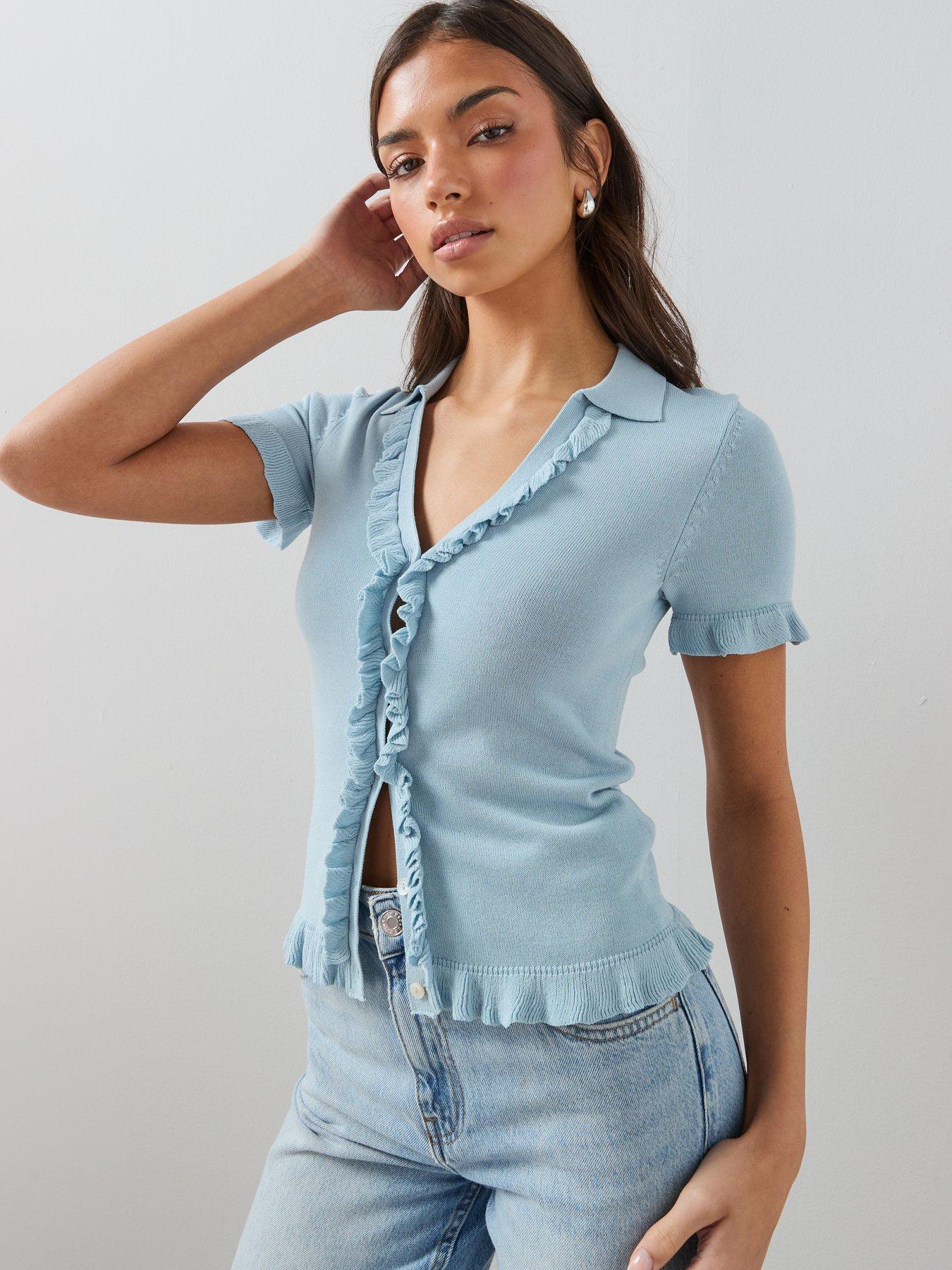 The Very Collection Collared V Neck Frill Cardigan - Blue