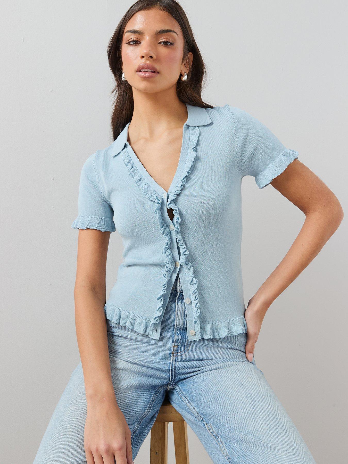 The Very Collection Collared V Neck Frill Cardigan - Blue