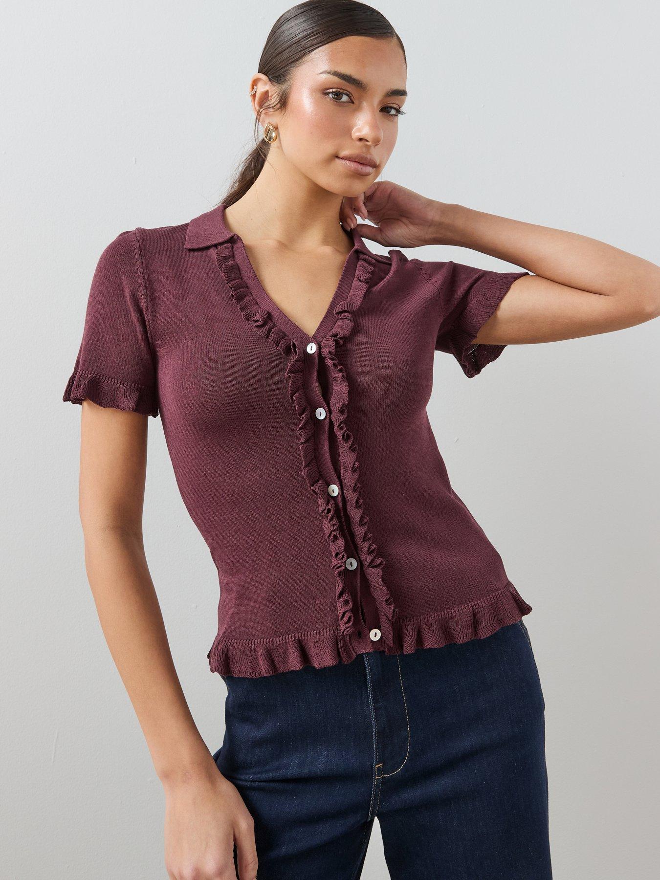 The Very Collection Collared V Neck Frill Cardigan - Brown