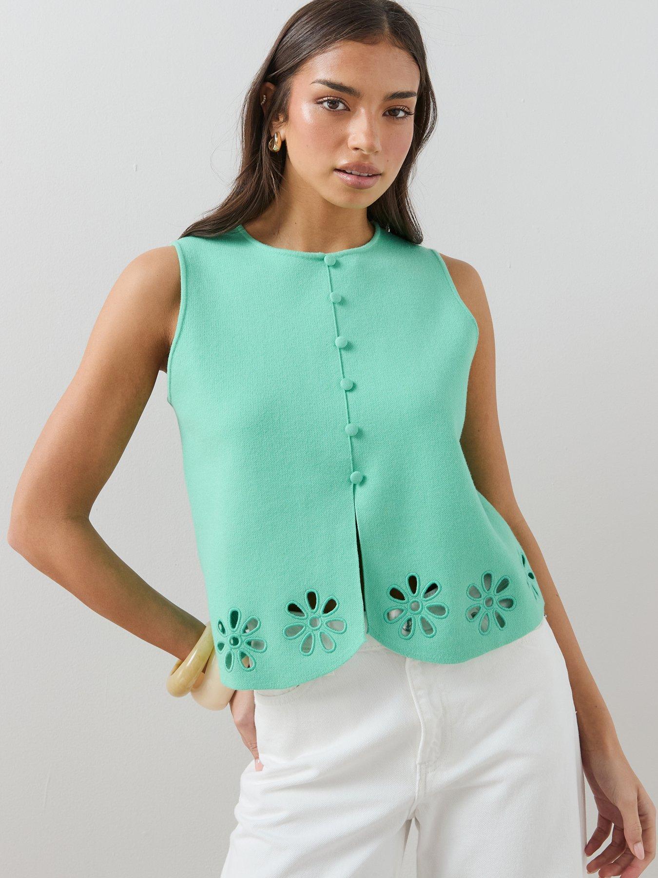 The Very Collection Crew Neck Flower Detail Knitted Waistcoat - Blue