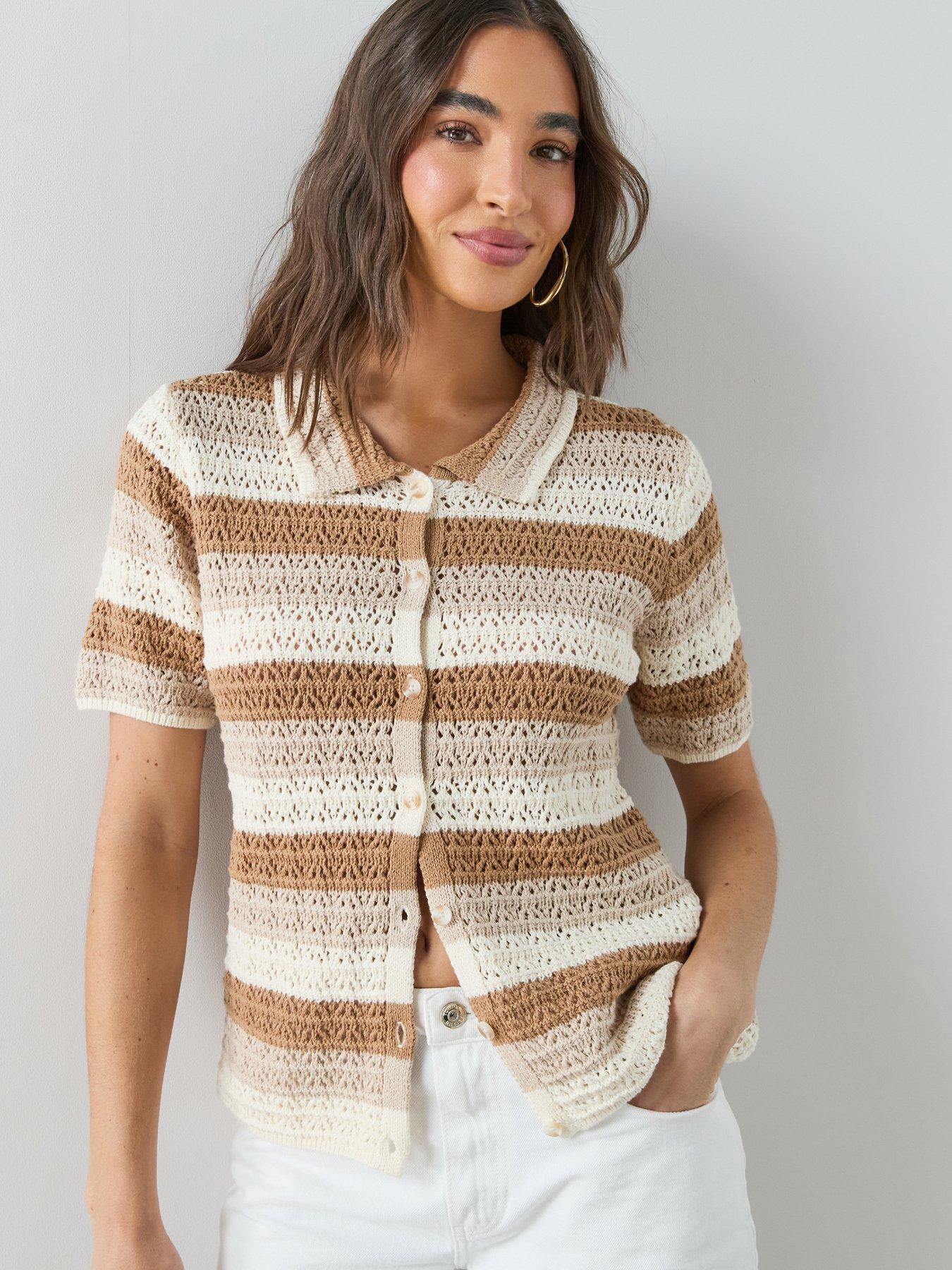 The Very Collection Cotton Rich Collared Neck Short Sleeve Stripe Knitted Jumper - Multi