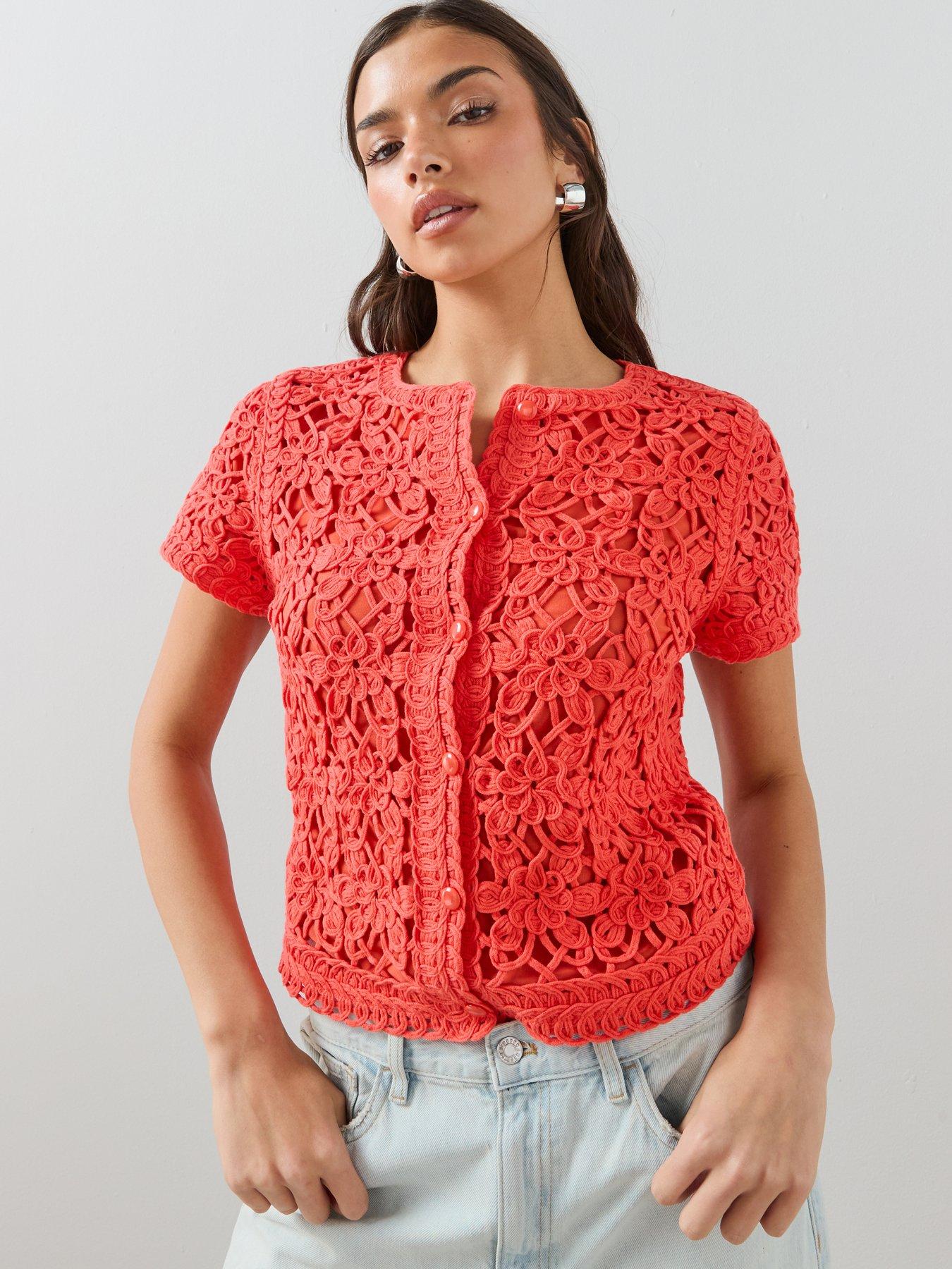 The Very Collection Crew Neck Puff Sleeve Crochet Cardigan - Orange