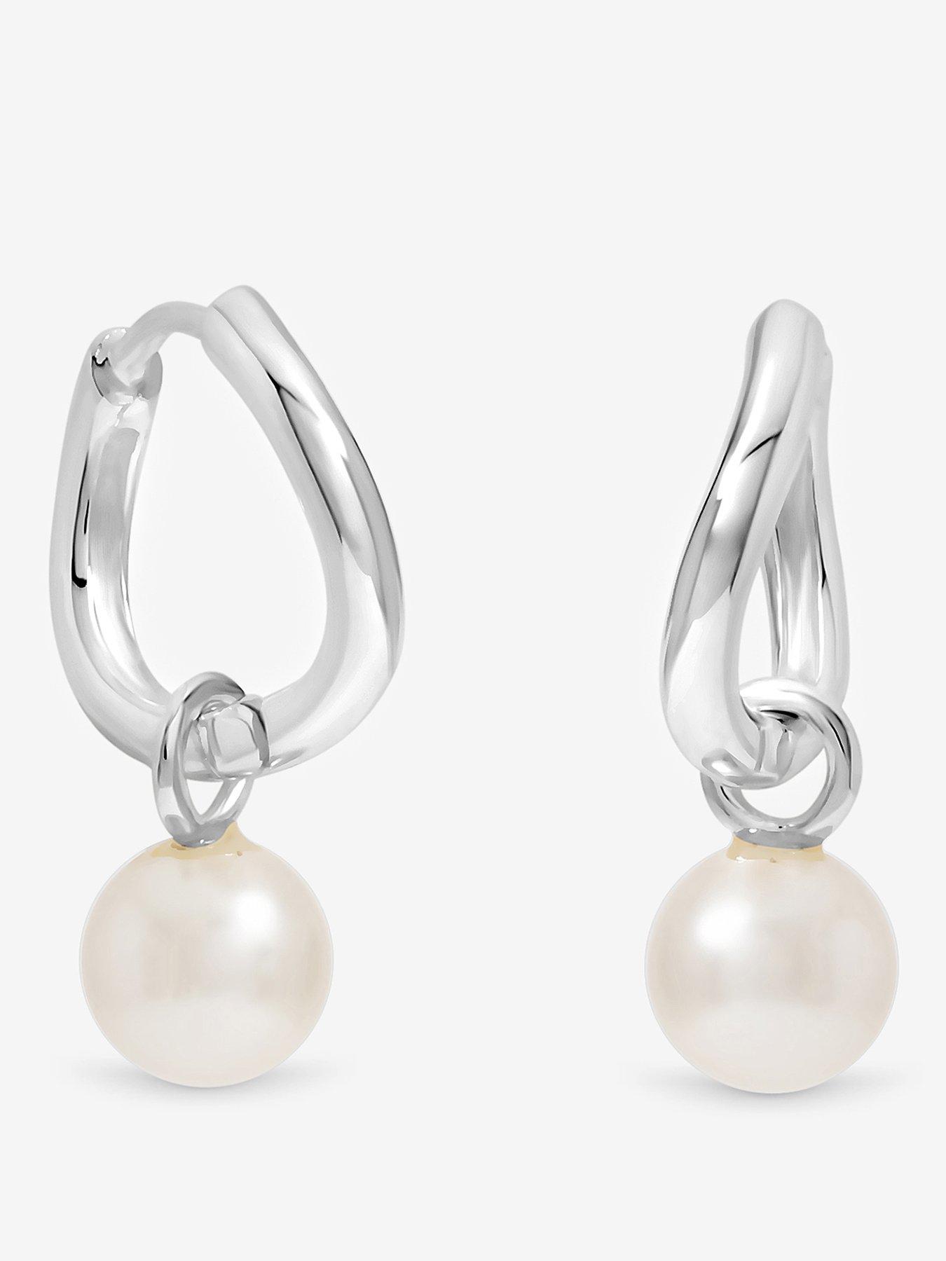 Jon Richard Simply Silver Sterling Silver 925 Polished and Pearl Fluid Charm Hoop Earrings