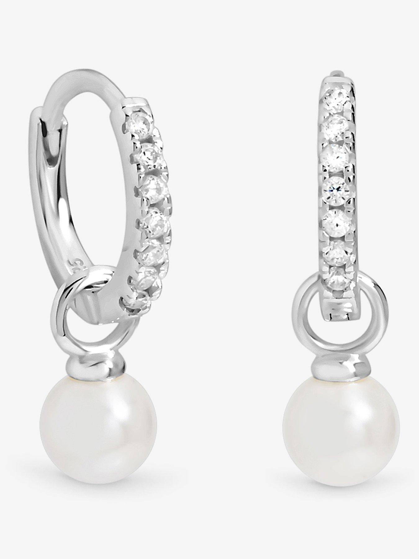 Jon Richard Simply Silver Sterling Silver 925 Cubic Zirconia Pave Pearl Hoop Earrings
