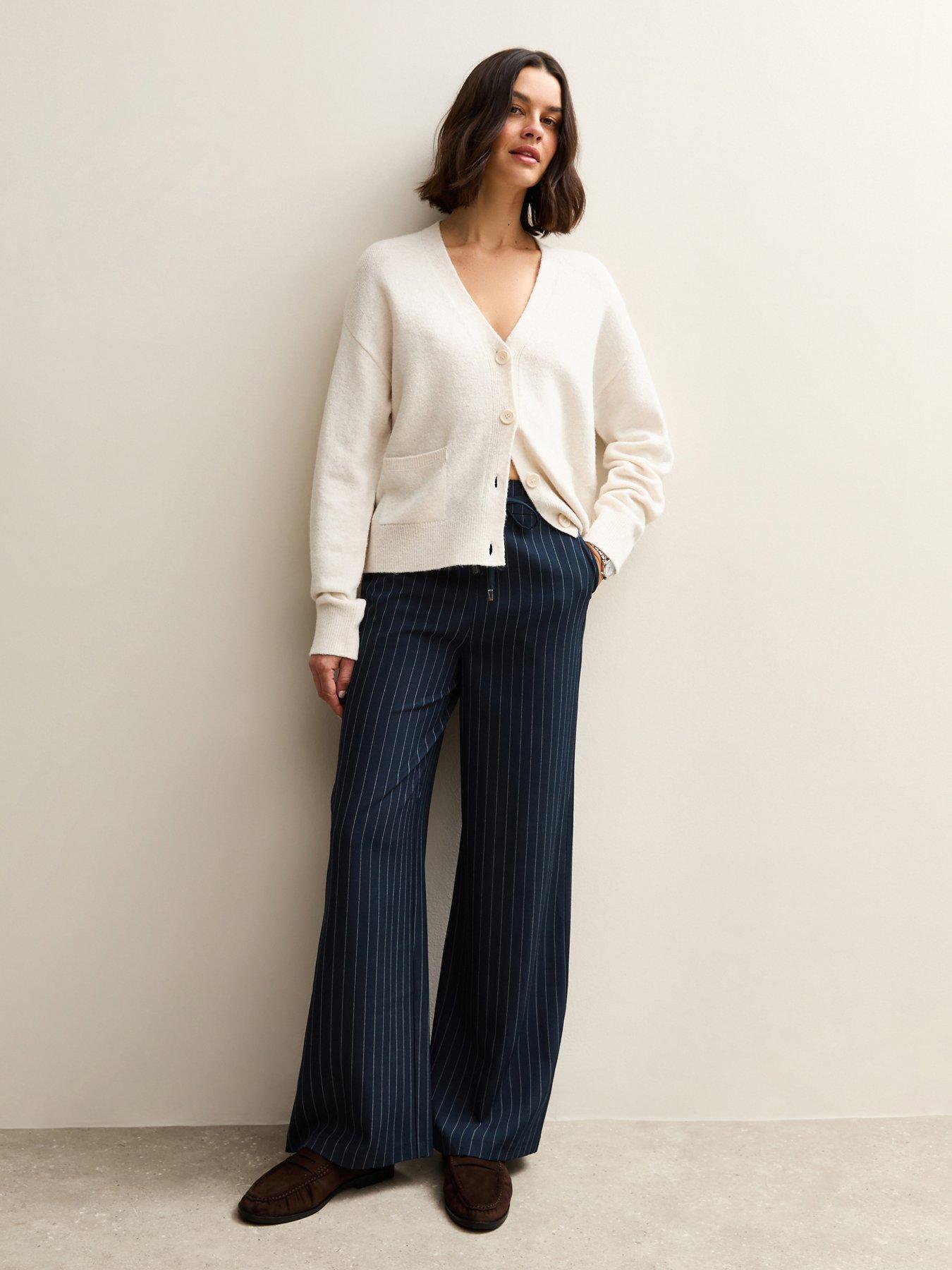 Image 1 of 5 of New Look Blue Striped Tie Waist Wide Leg Trousers