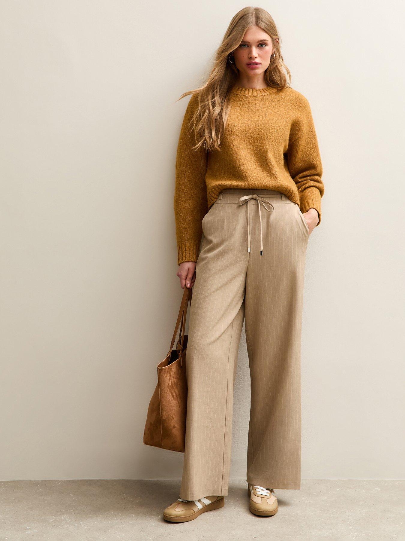 New Look Striped Tie Waist Wide Leg Trousers - Brown