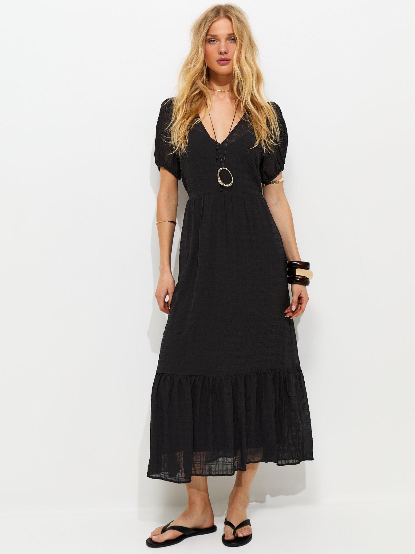 Image 1 of 5 of New Look Checked Button Midi Dress - Black