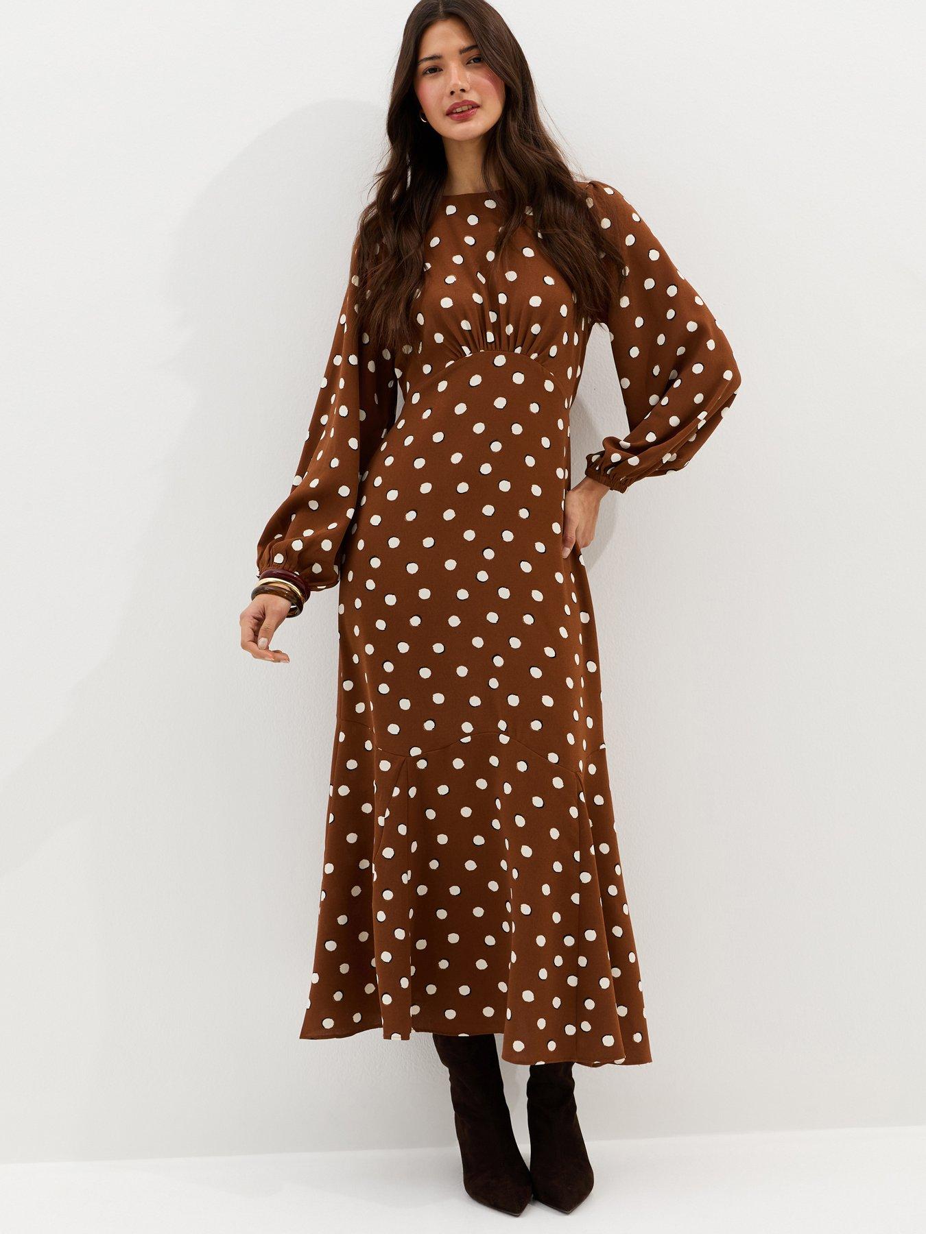 New Look Brown Polka Dot Godet Midi Dress | Very Ireland