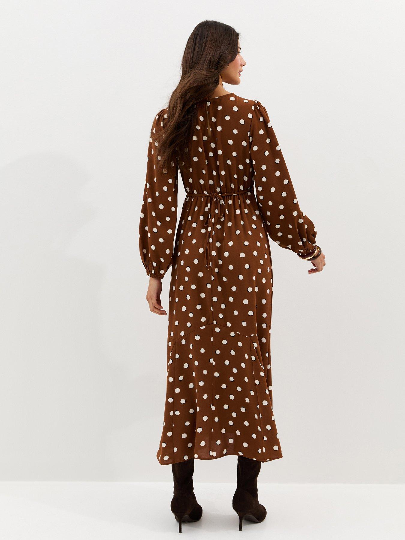 new-look-brown-polka-dot-godet-midi-dressstillFront