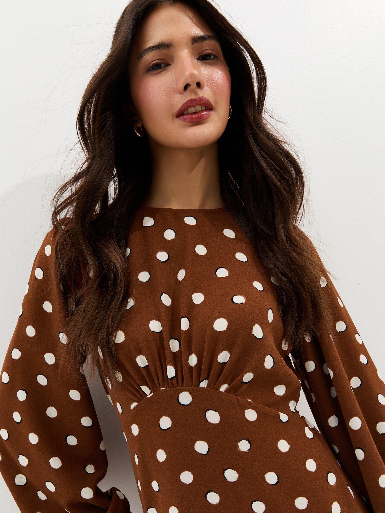 New Look Brown Polka Dot Godet Midi Dress | Very Ireland