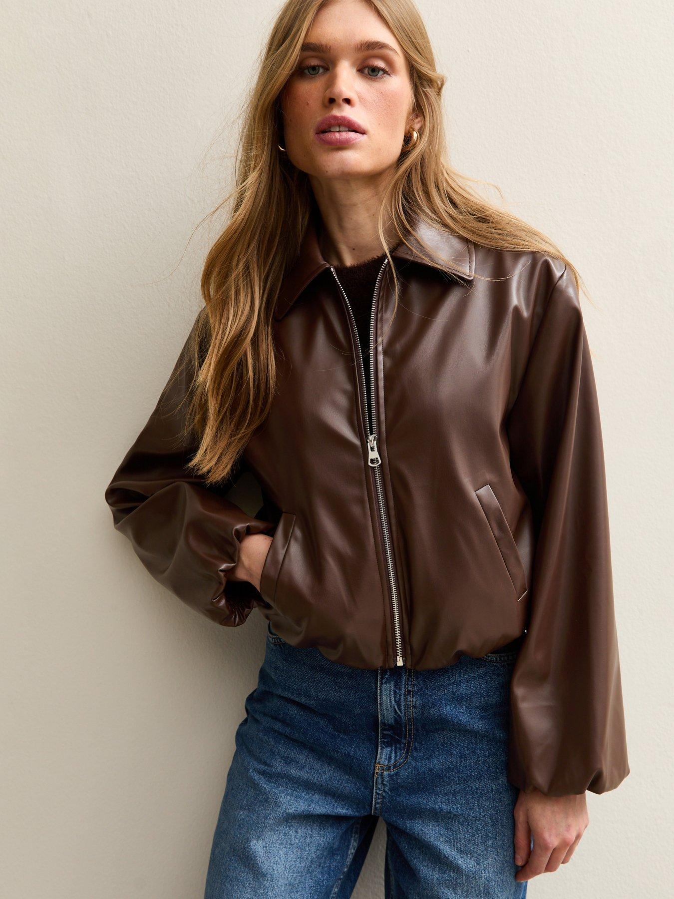 New Look Brown Faux Leather Bubble Hem Jacket