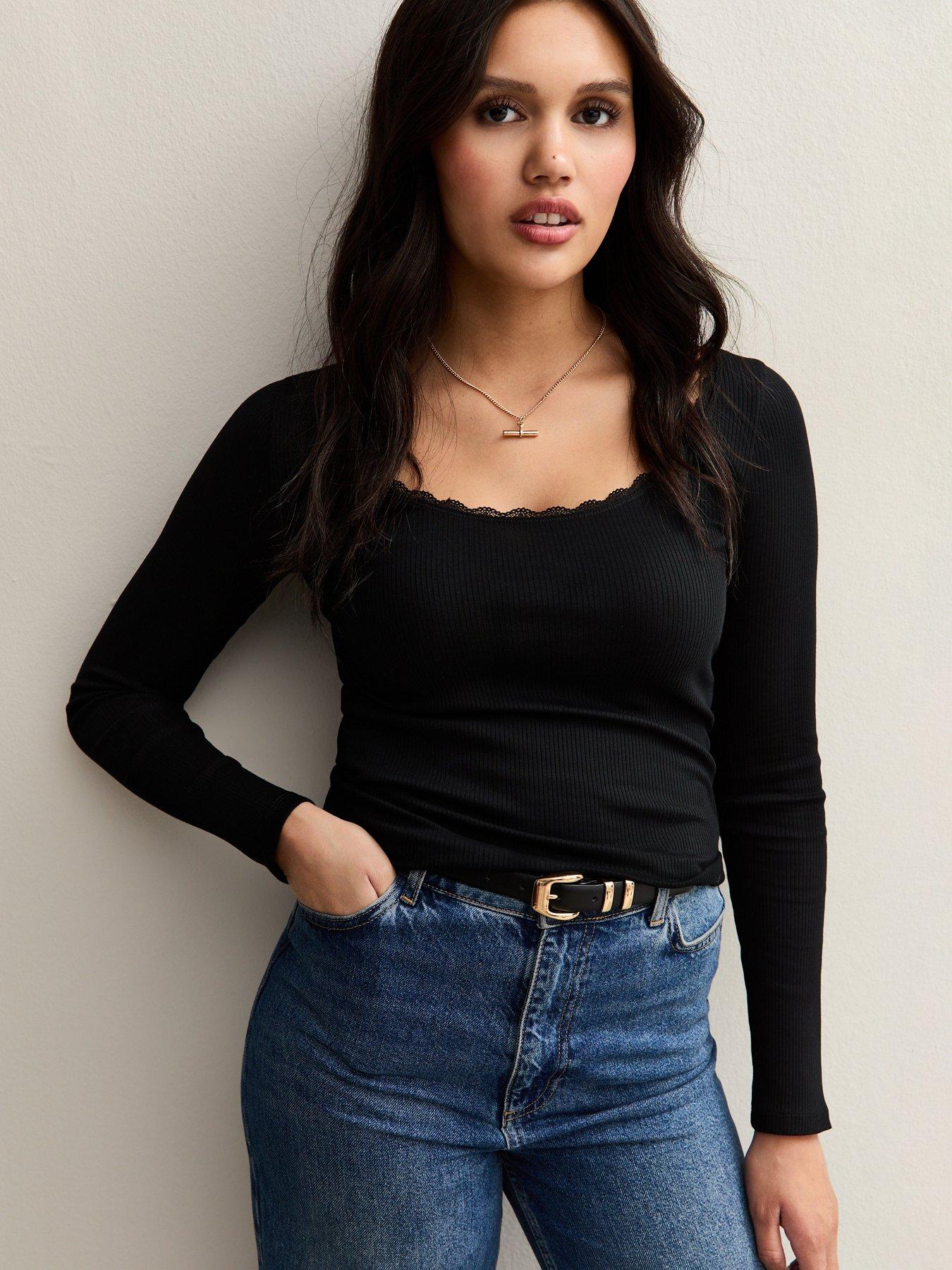 Image 1 of 4 of New Look Lace Trimmed Scoop Neck Top - Black