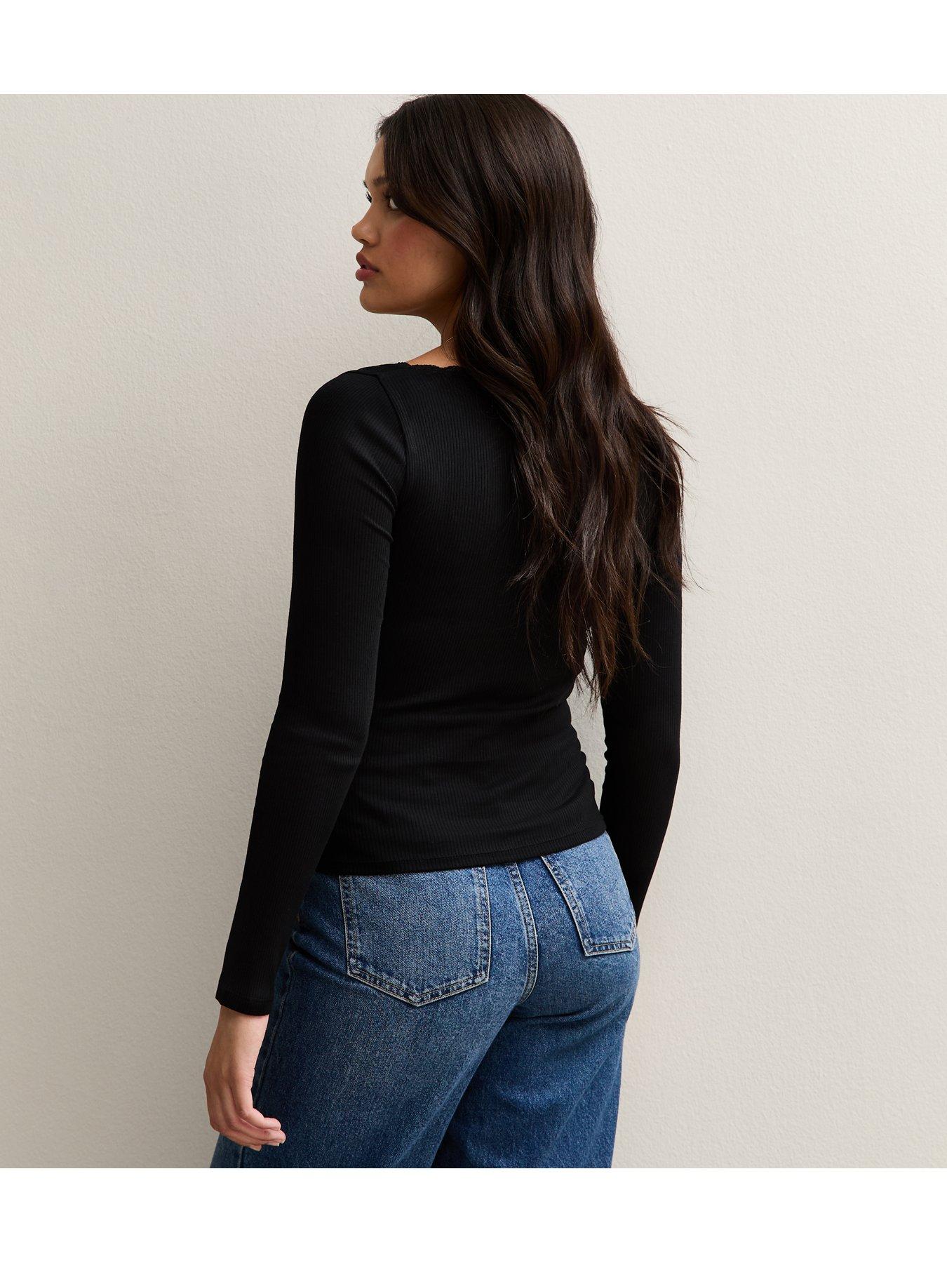 Image 2 of 4 of New Look Lace Trimmed Scoop Neck Top - Black