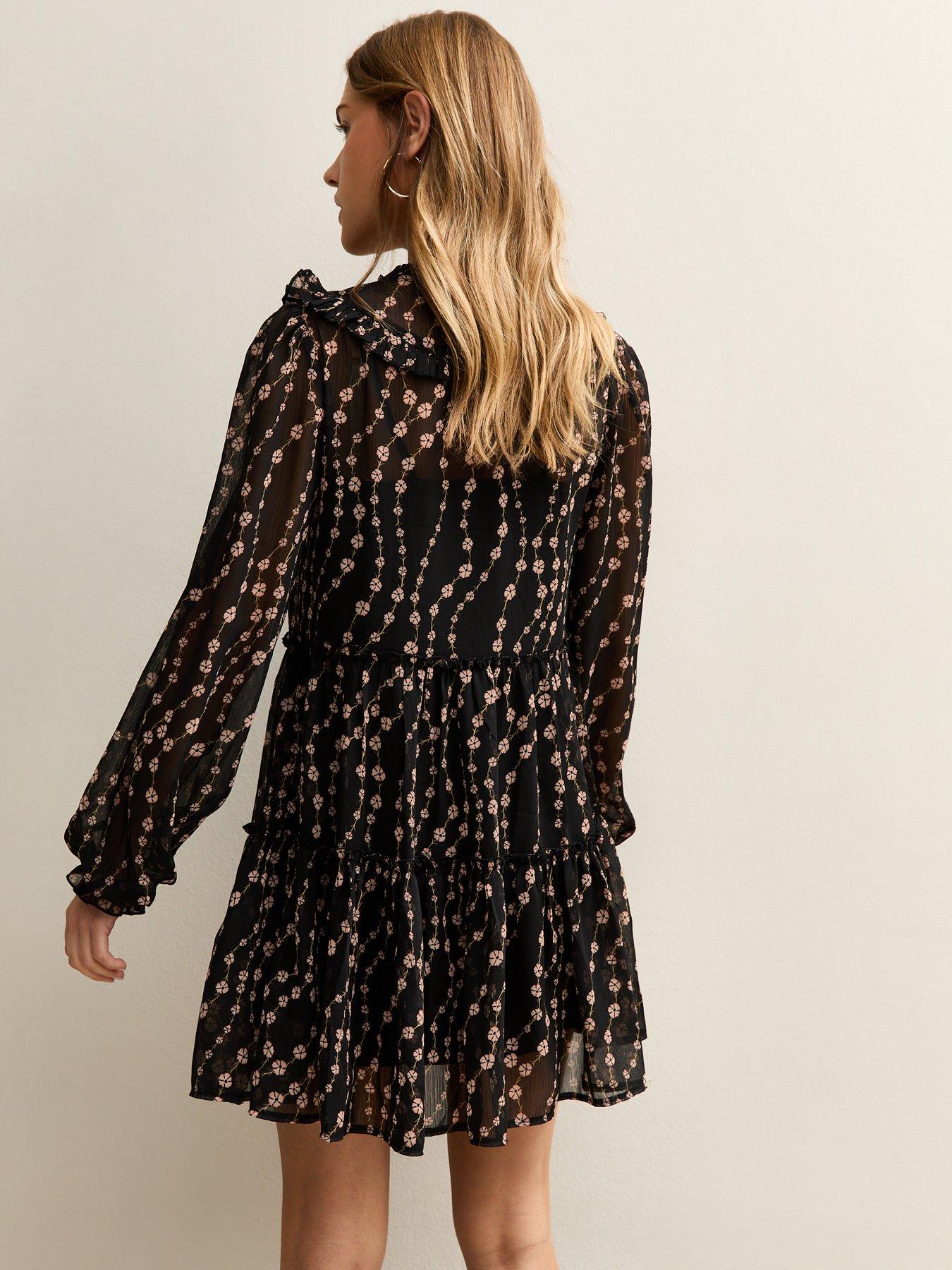 Image 2 of 5 of New Look Floral Chiffon Ruffle Tiered Mini Dress - Black
