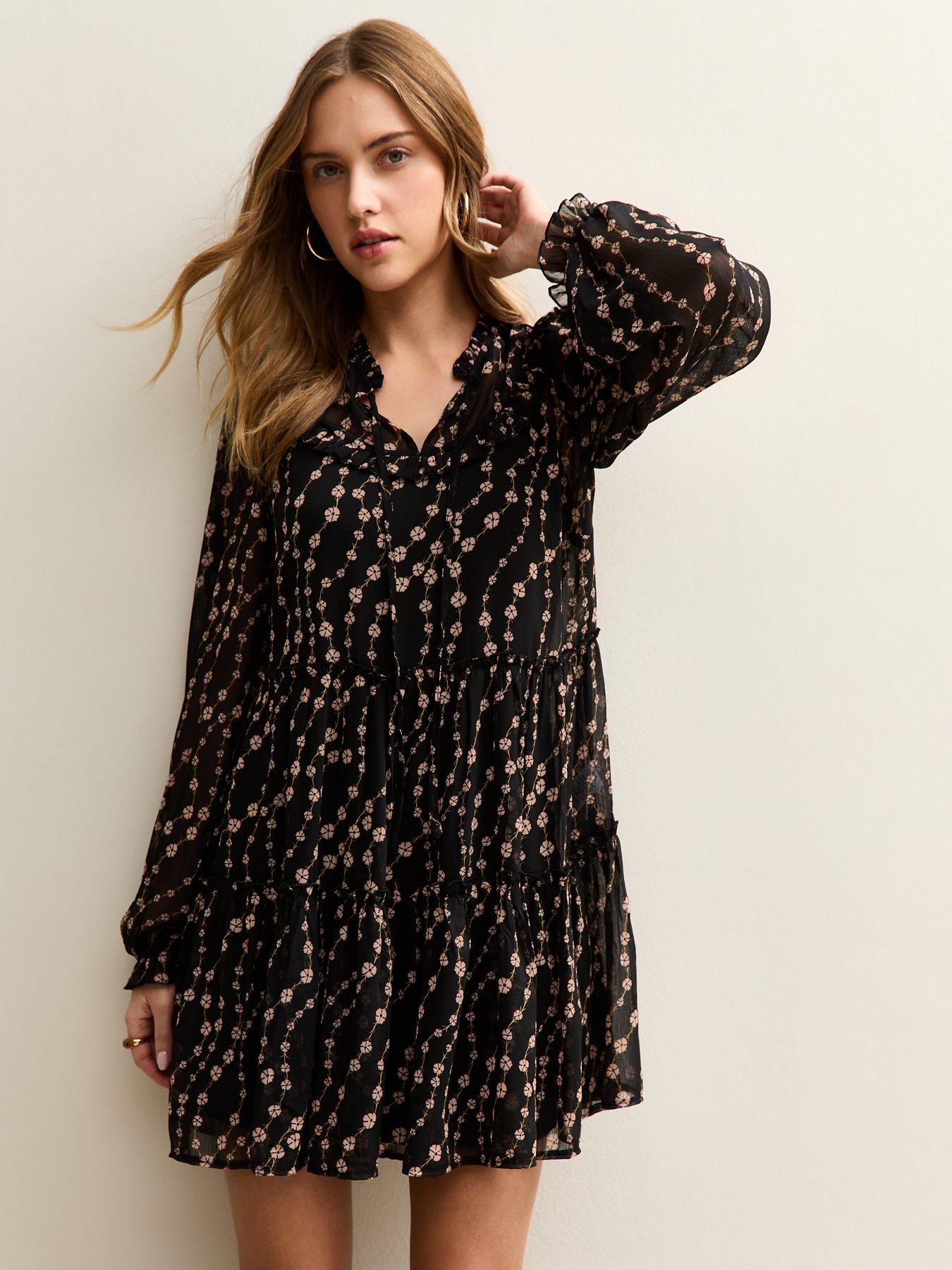 Image 3 of 5 of New Look Floral Chiffon Ruffle Tiered Mini Dress - Black
