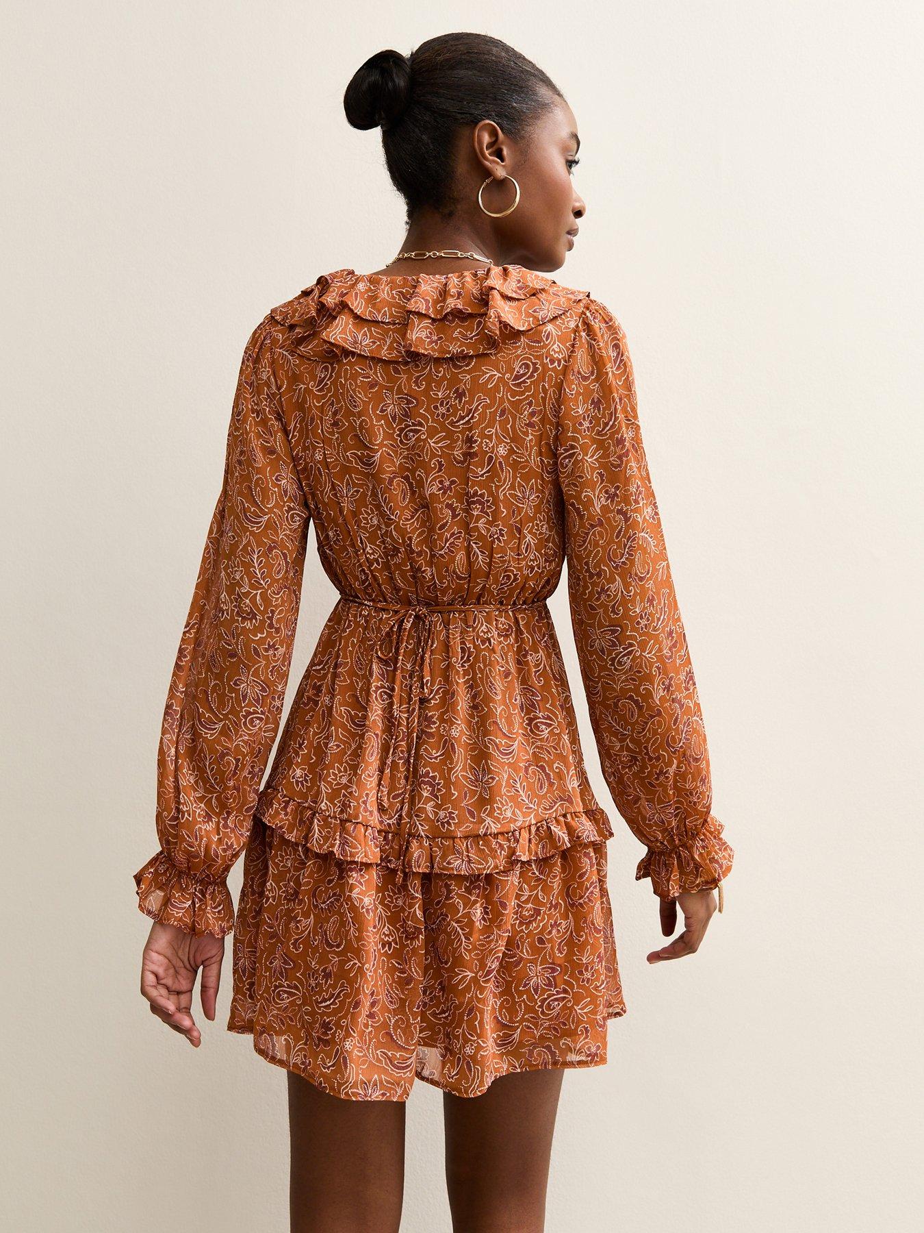 new-look-chiffon-ruffle-paisley-pattern-mini-dress-orangestillFront