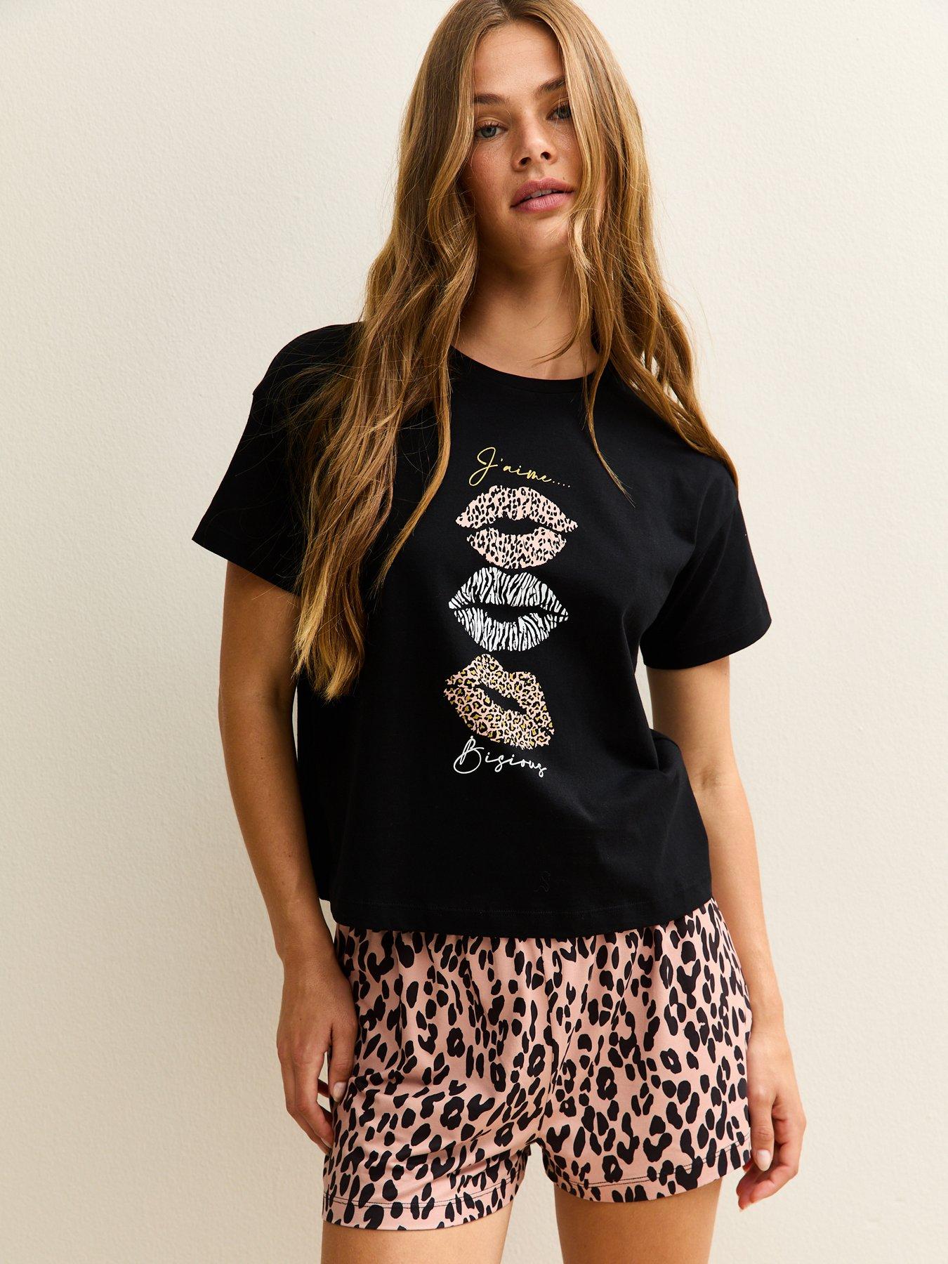 Image 1 of 6 of New Look Leopard Print Short Sleeve Top And Shorts Pyjama Set - Brown