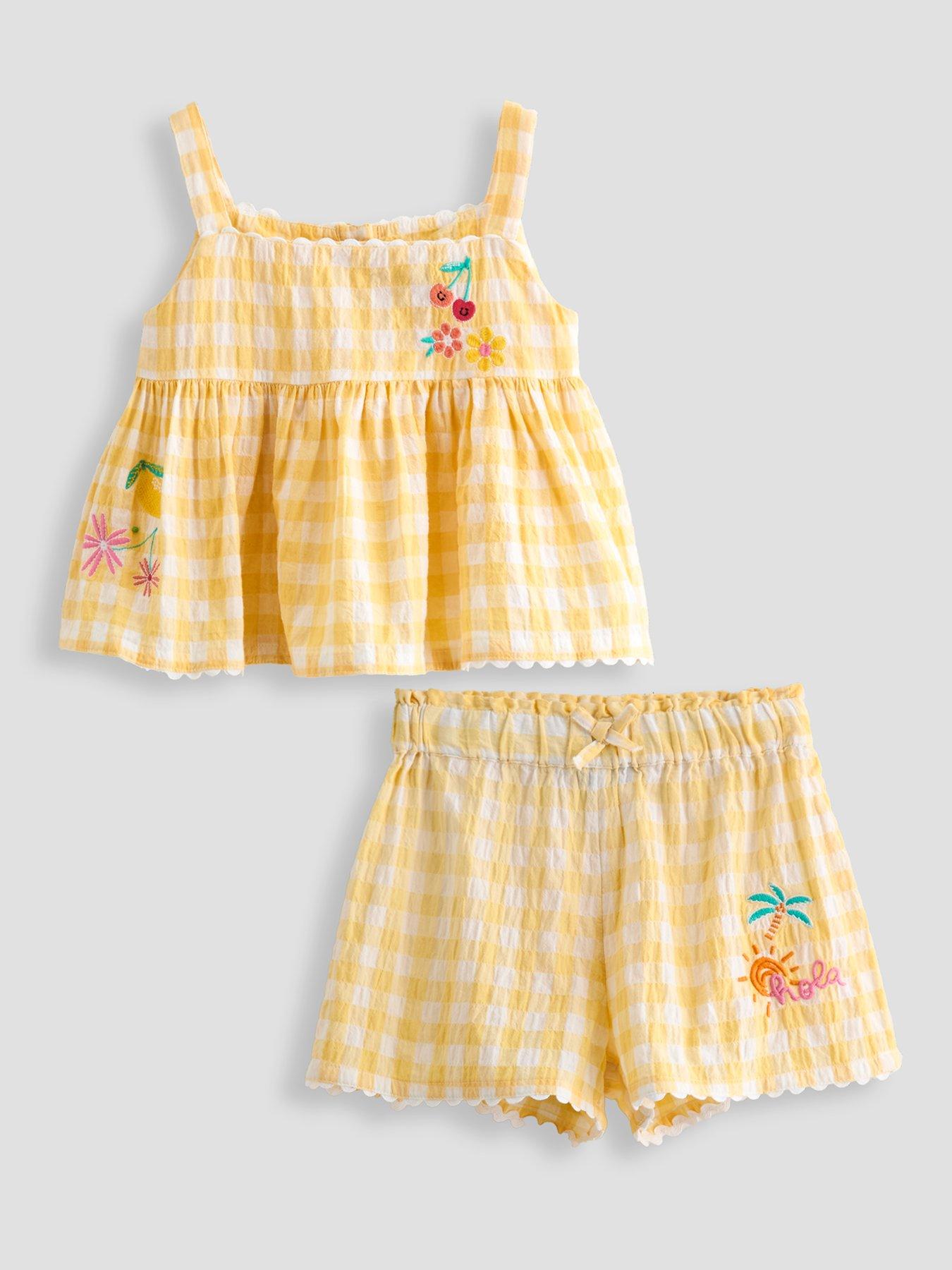 Image 1 of 6 of The Very Collection Girls Gingham Embroidered Top &amp; Shorts Set - Yellow