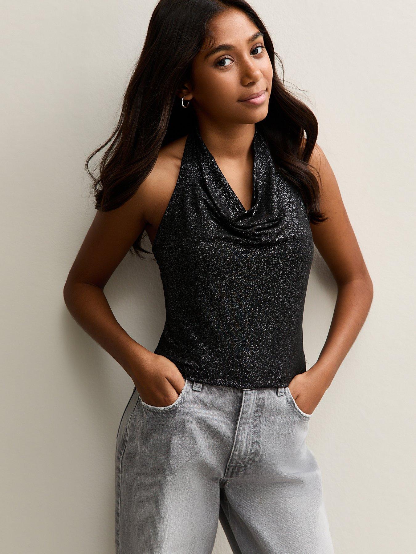 new-look-915-girls-sparkly-cowl-neck-top-black