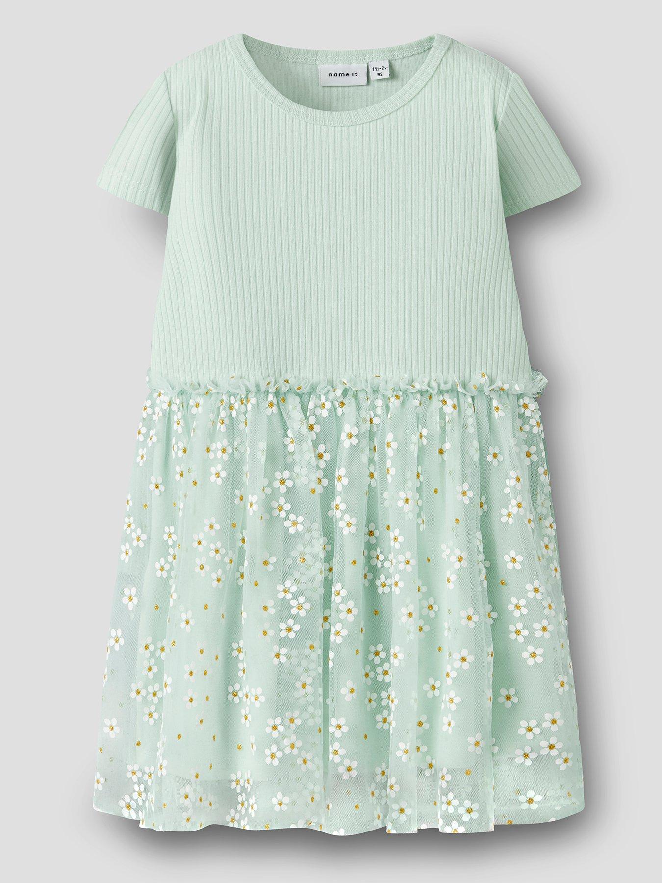 Name It Mini Girls Diaisy Embroidered Tulle Jersey Dress - Light Green