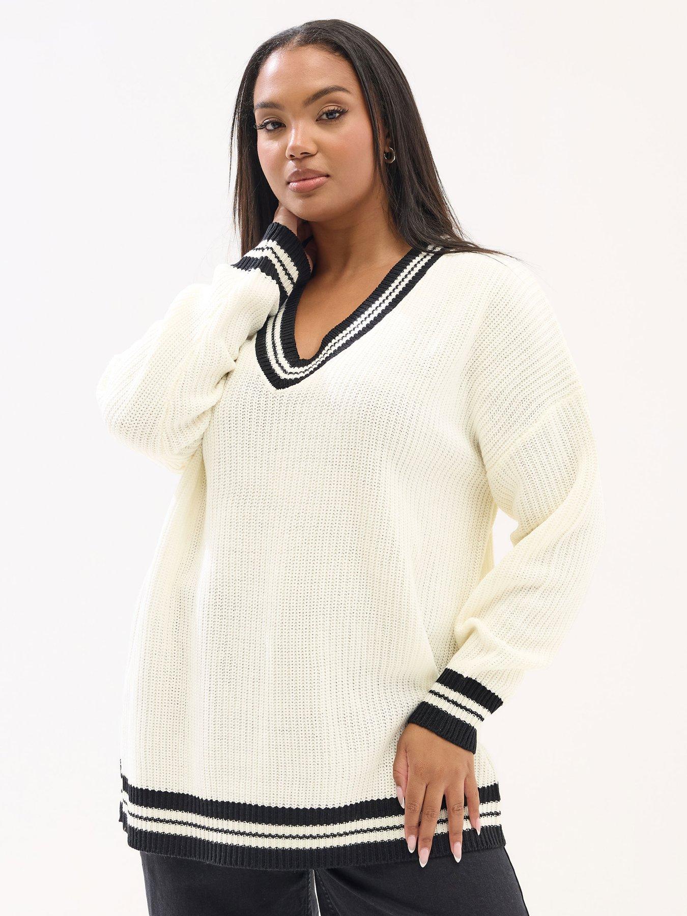 Yours Curve V-Neck Contrast Knit Jumper - Ivory