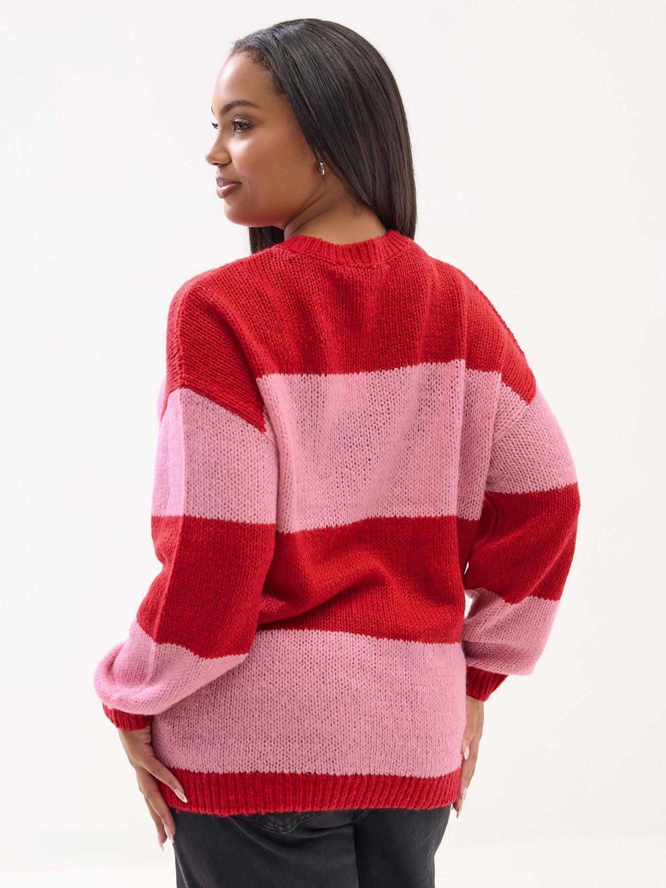 Image 2 of 4 of Yours Curve Yarn Stripe Jumper - Red/Pink