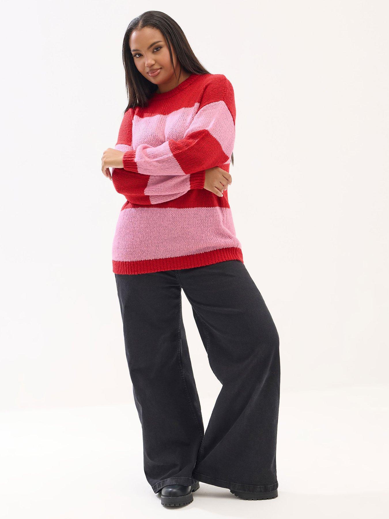 Image 3 of 4 of Yours Curve Yarn Stripe Jumper - Red/Pink