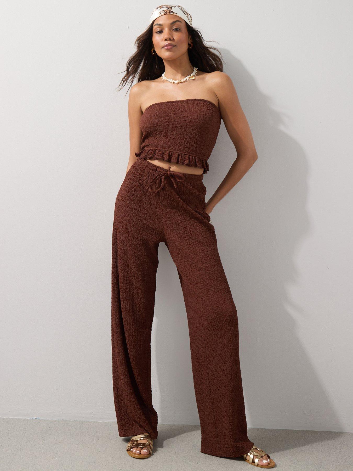 Image 1 of 7 of The Very Collection Crinkle Co Ord Trousers - Brown